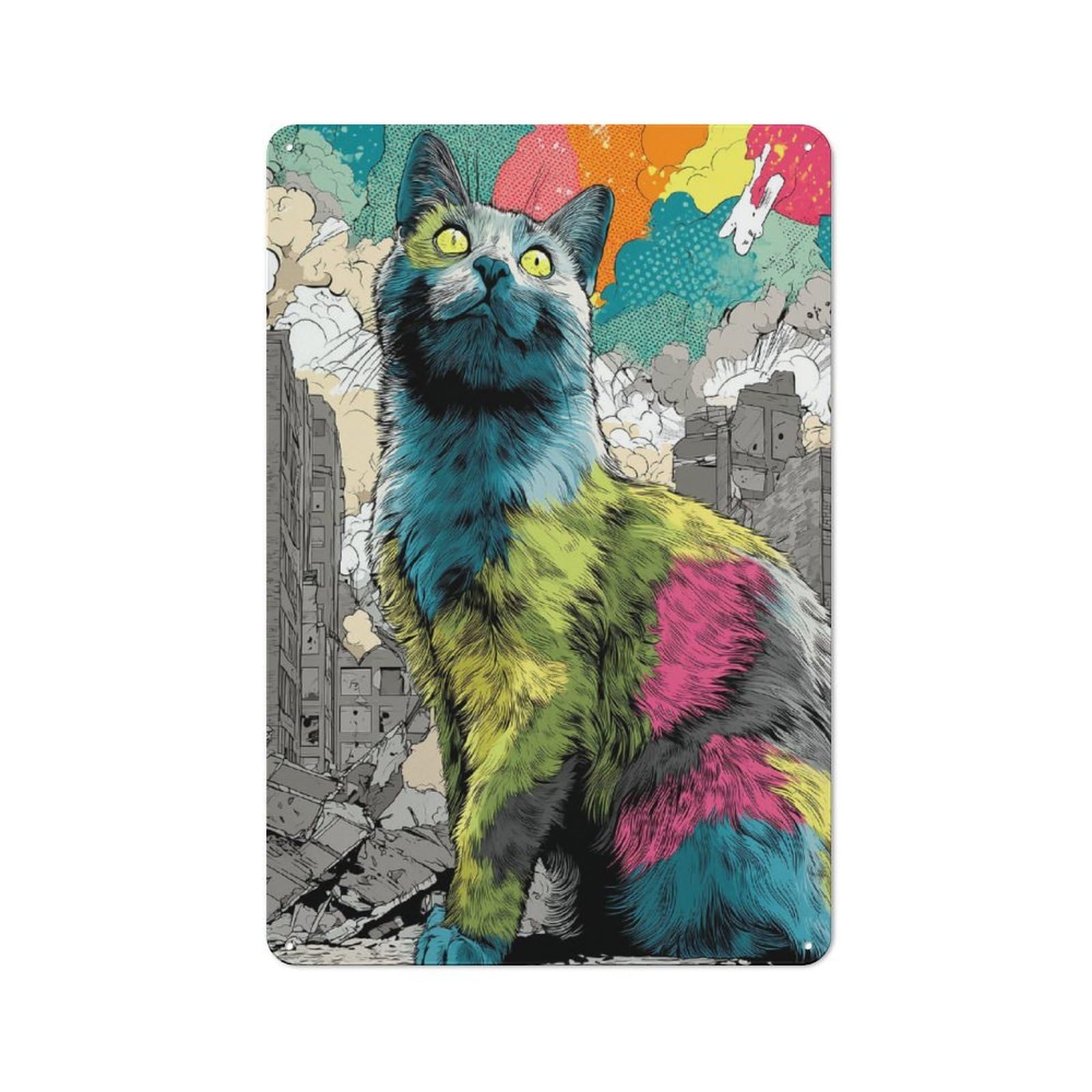 Understated Giant Cat in Destroyed Cityscape Metal Wall Plaque 30x20cm, Creative Space Decor for Office, Study, Studio Or Hallway
