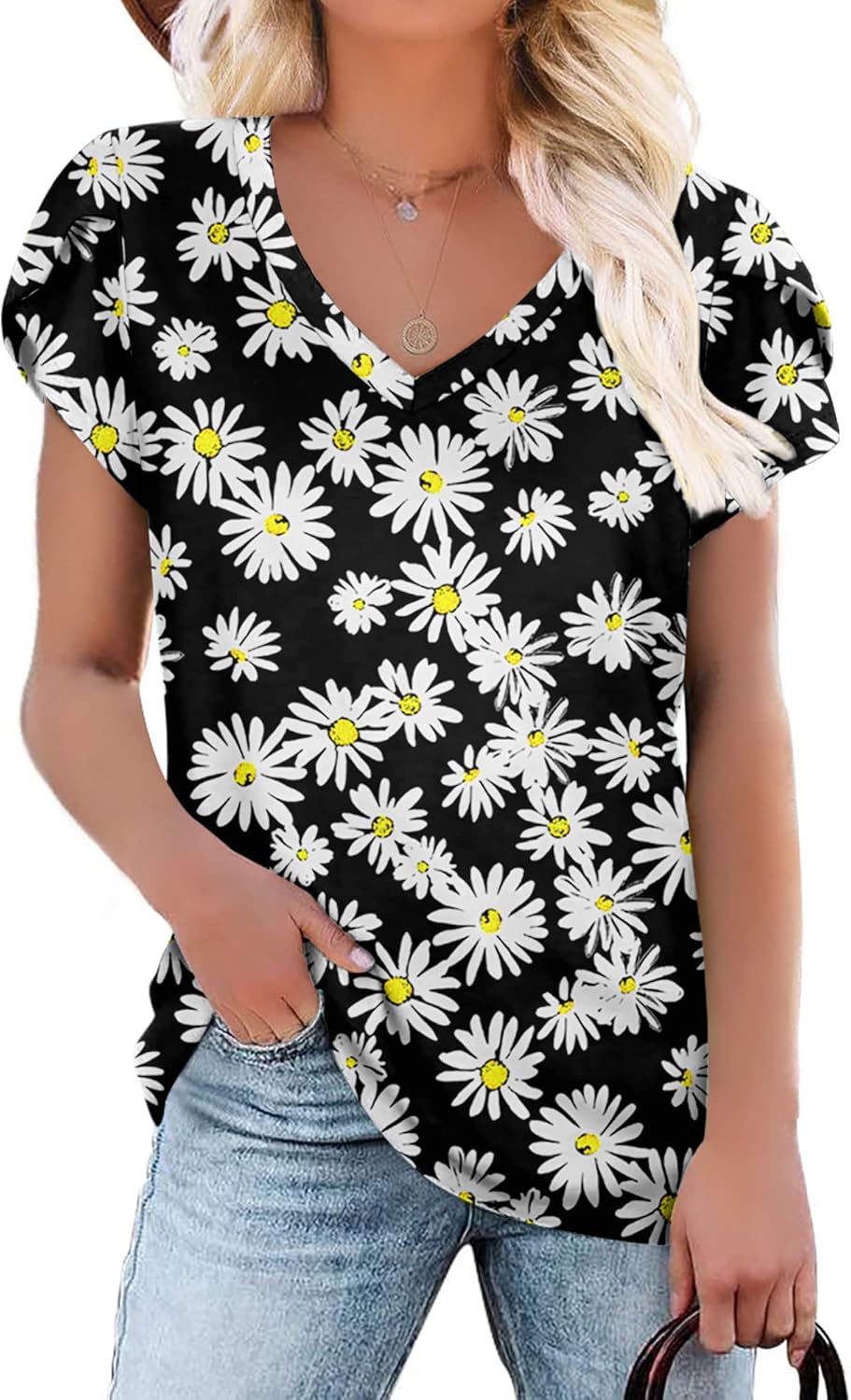 KUOTAI Womens Tops Summer Casual T Shirts V Neck Petal Sleeve Blouses Shirts