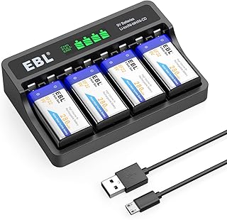 EBL LCD 9V Battery Charger and 9V Rechargeable Batteries Ni-MH 280mAh (4 Count), Batteries Charger with Type C and Micro USB Input