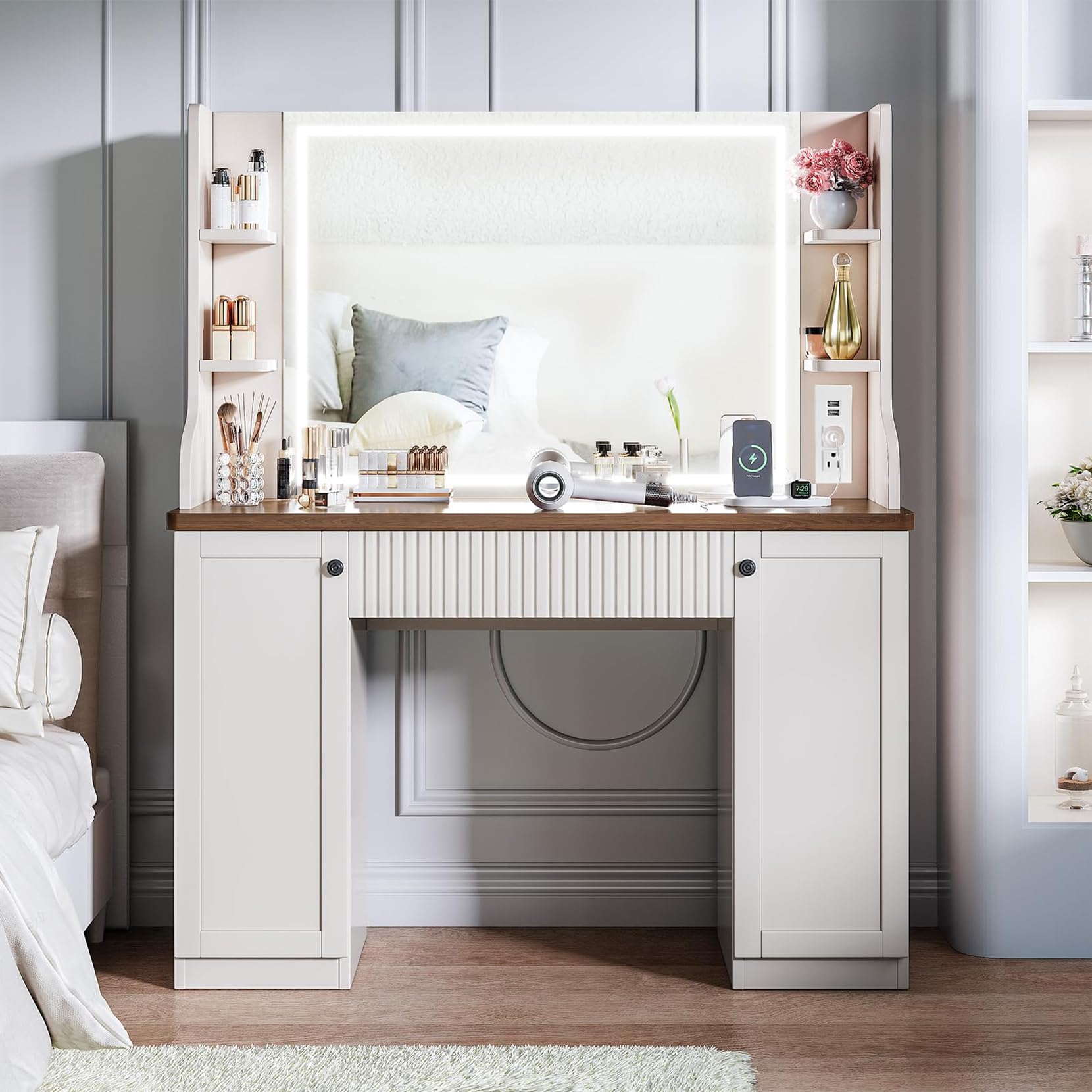 TOTEBOX Large Dressing Table with LED Mirror and Drawer, 110CM Vanity Desk Makeup Table with 2 Doors, 1 Drawer and Storage Shelves, Adjustable Brightness, 3 Colour Modes for Bedroom (Beige & Walnut)