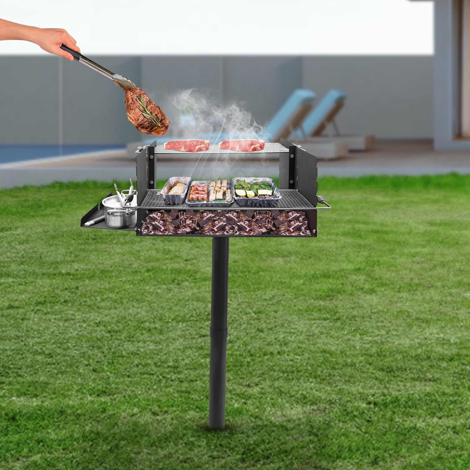 Barbacoa de carbón vegetal de acero inoxidable para carbón vegetal, parrilla de columna, barbacoa de montaje en el suelo, barbacoa con soporte, parrilla de jardín con estantes laterales, altura