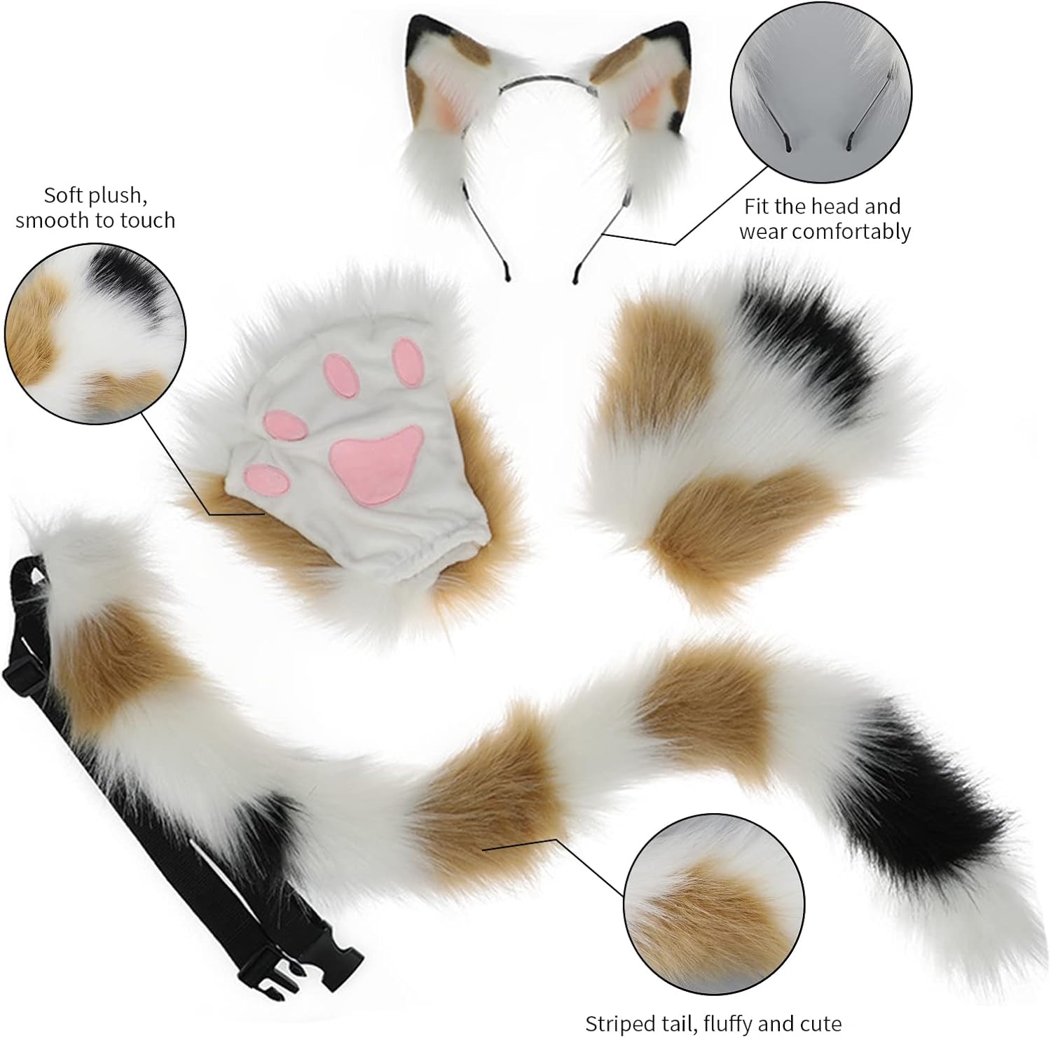 JUNBOON Faux Fur Cat Ears and Wolf Fox Tail Set Adult Kids Claw Glove Kit for Halloween Anime Cosplay Party