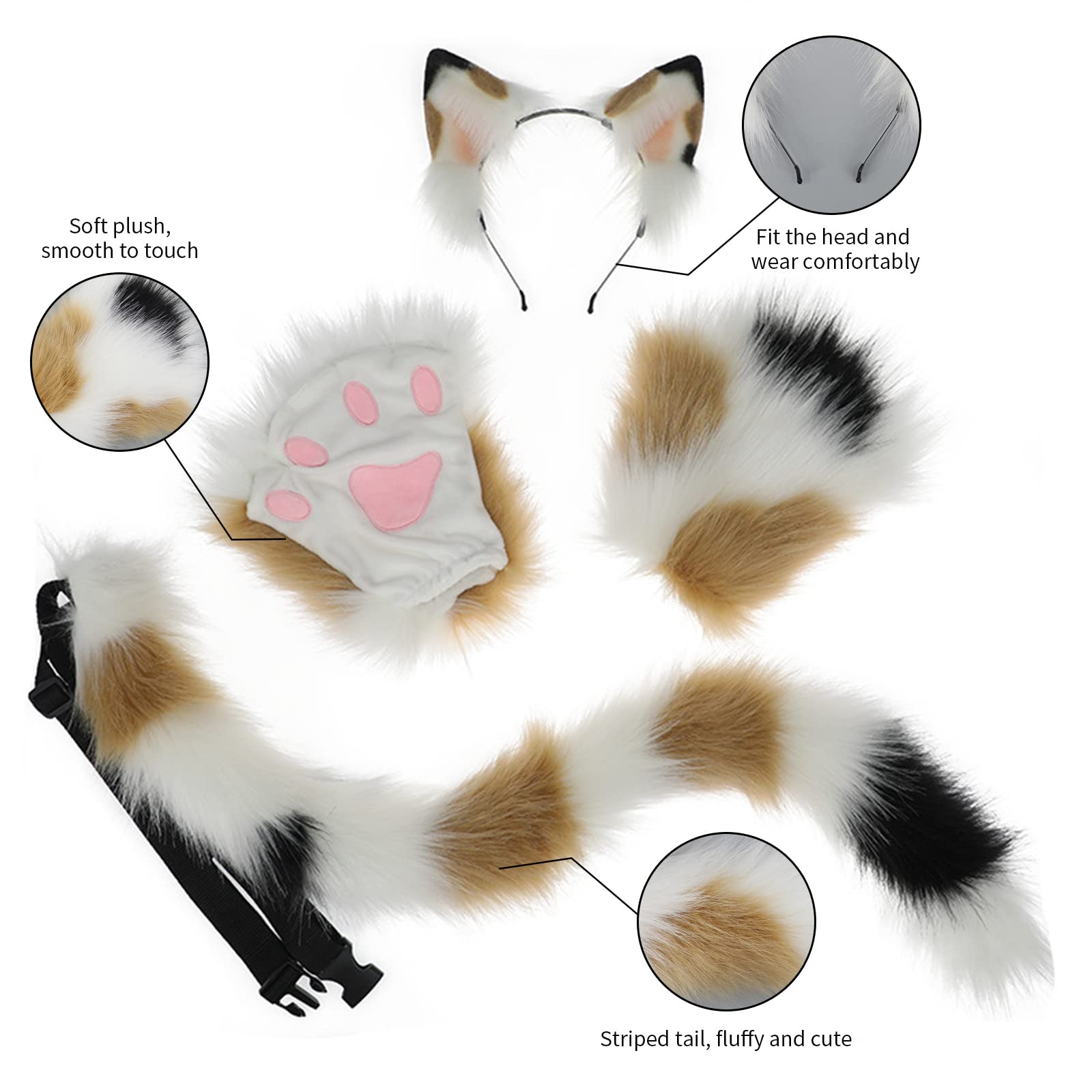 JUNBOON Faux Fur Cat Ears and Wolf Fox Tail Set Adult Kids Claw Glove Kit for Halloween Anime Cosplay Party: 3-khakiwhite