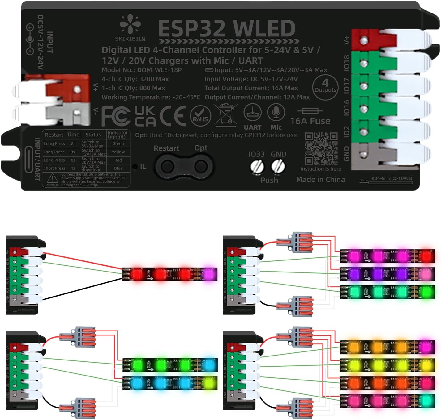 ESP32 WLED Controller 4 Channel 16A Fuse 3200 Pixels Type-C PD UART Music Mic LED Strip Addressable WS2811 WS2812 SK6812 WS2815 RGB WLED Controller ESP32 5V 12V 24V LED Controller
