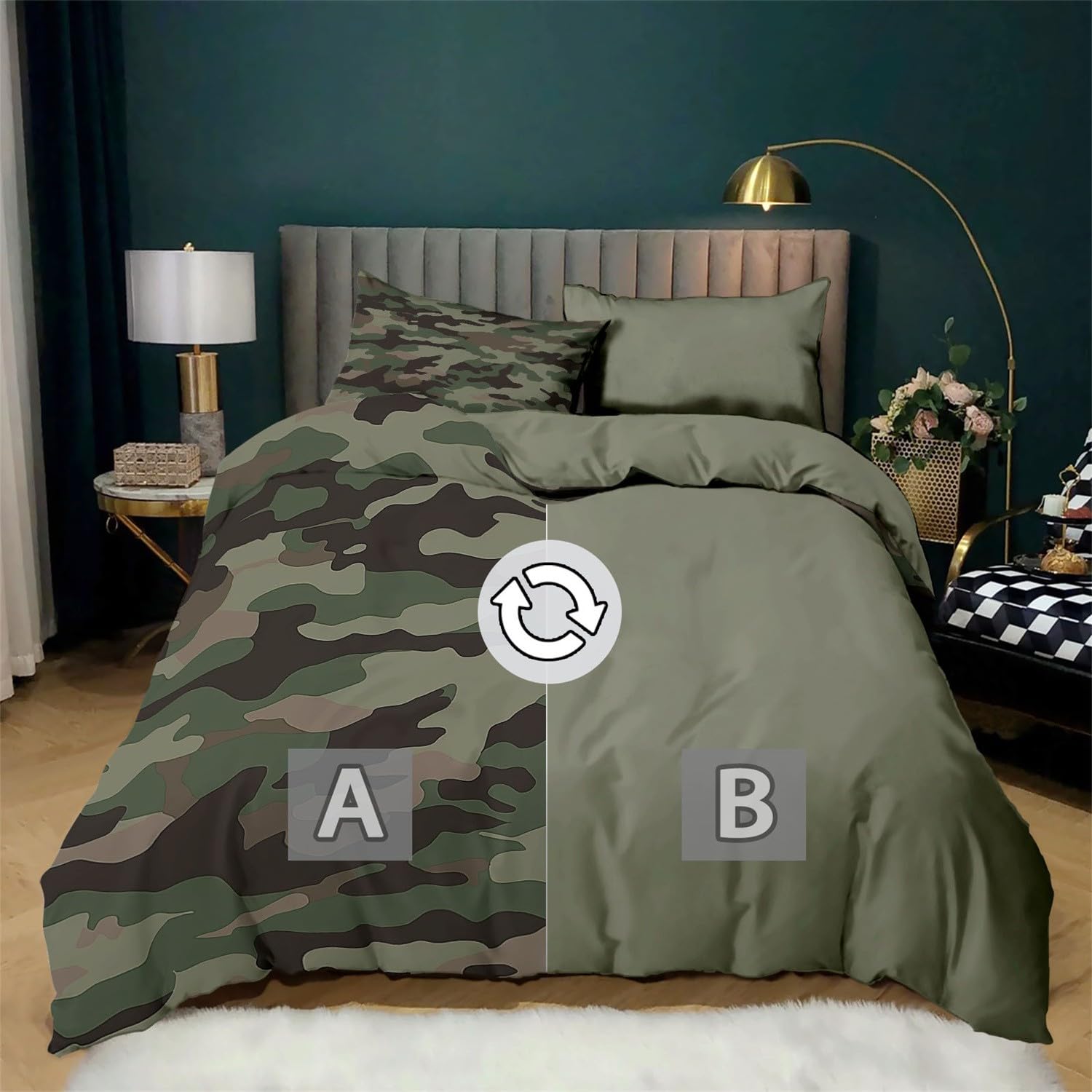 Funda Nórdica Reversible Cama 150, 220 x 240 cm Estampado Funda nórdica Microfibra con Cremallera, Ropa de Cama con 1 Funda nórdica y 2 Fundas de Almohada Camuflaje Militar Camuflaje Verde Claro