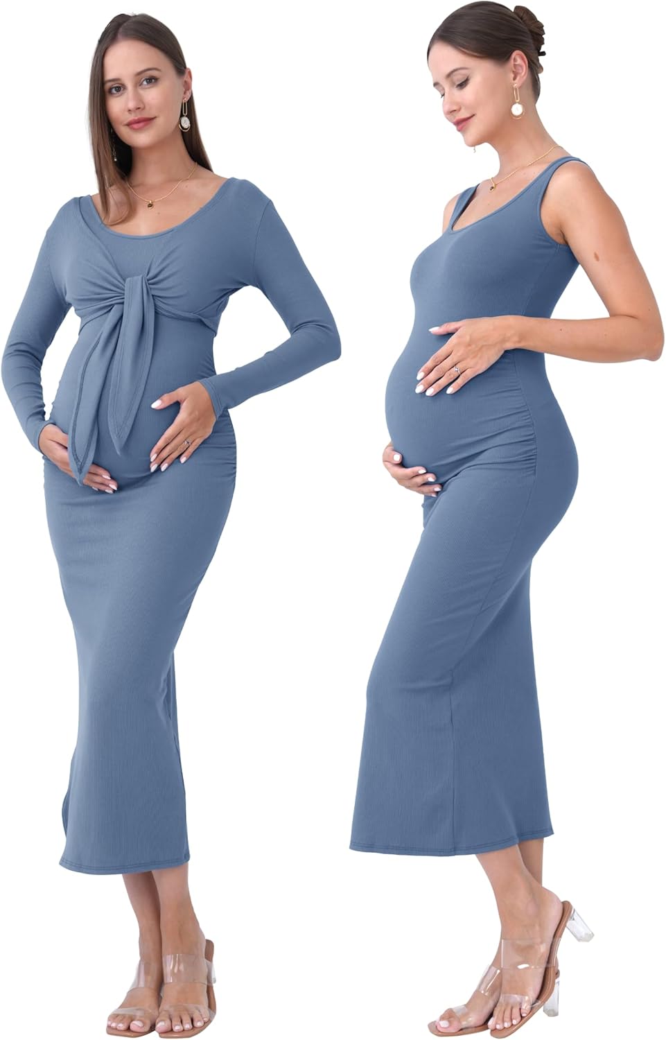 2 PCS Maternity Dress Short Cardigan Bodycon Maxi Formal Dresses Baby Shower Fall Winter for Women