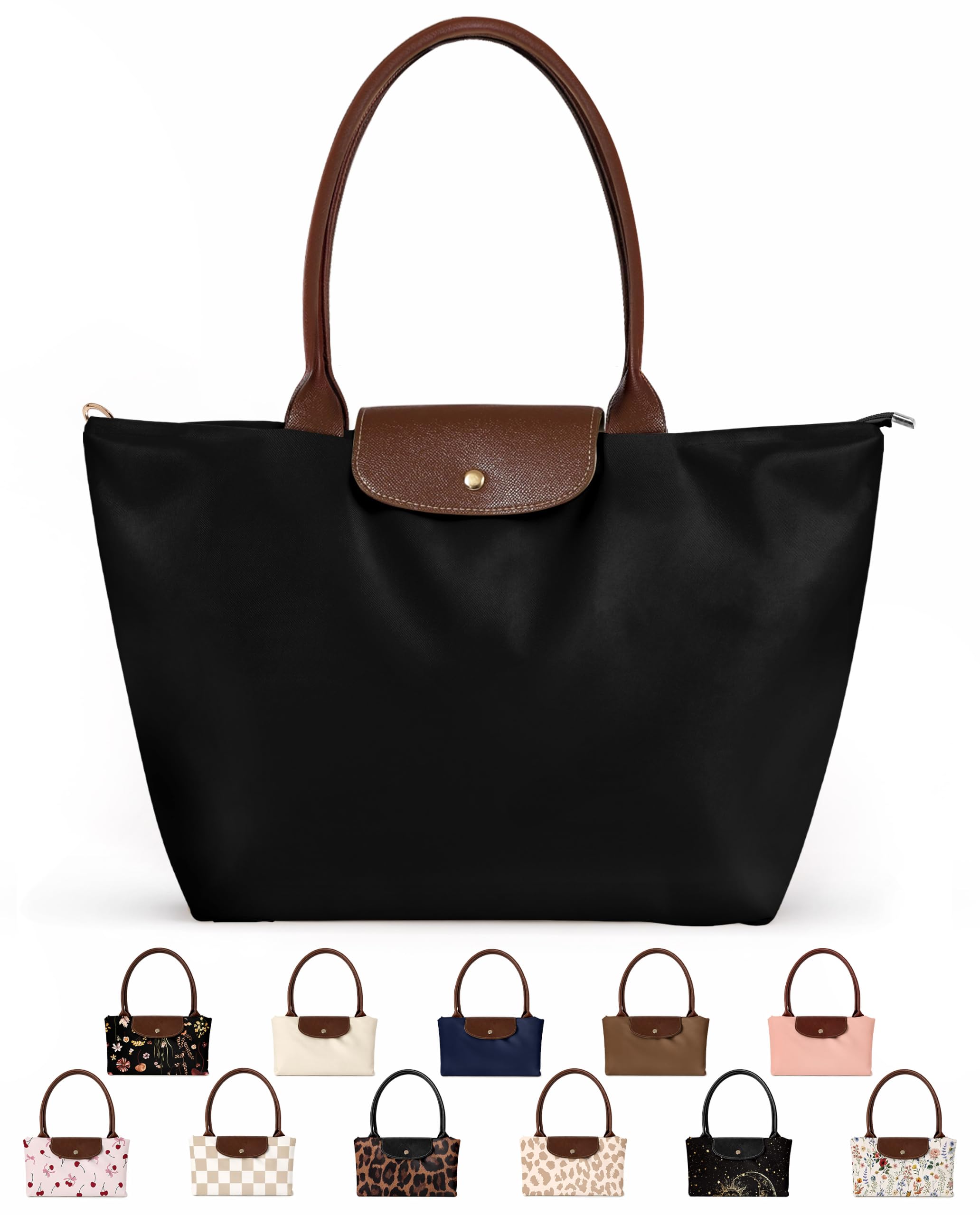 Miss Adola Aesthetic Nylon Tote Bag for Women, Foldable Handbag with Zipper Black