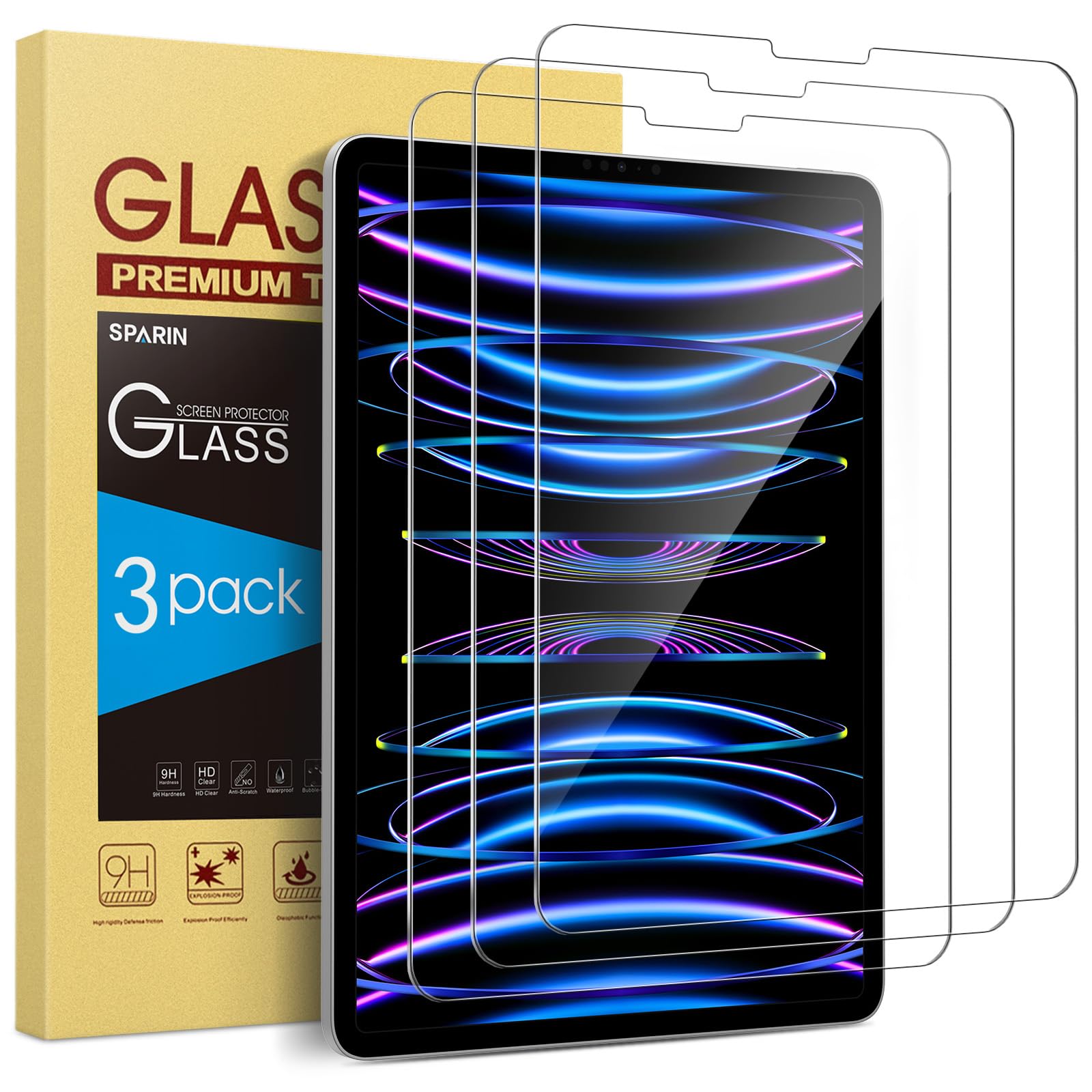 SPARIN Panzer Schutz Glas für iPad Pro 11 Zoll 2022/2021/2020, iPad Air 5. Generation 2022 und iPad Air 4 2020, 9H Härte Schutzfolie, Kratzfest, 3 Stück