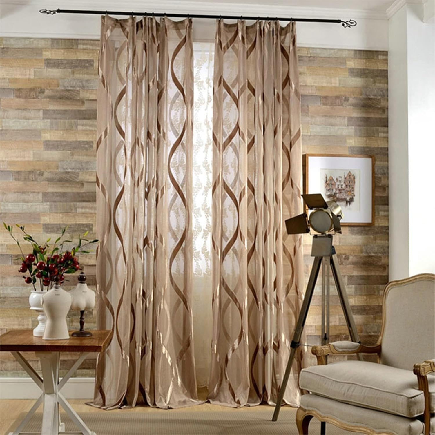 Daesar Window Curtains 2 Panel Sets, Polyester Hook Darkening Curtains 55" W x 85" H Drapes Solid Color Wave Texture Velvet Coffee Semi Blackout Curtains for Bedroom Living Room