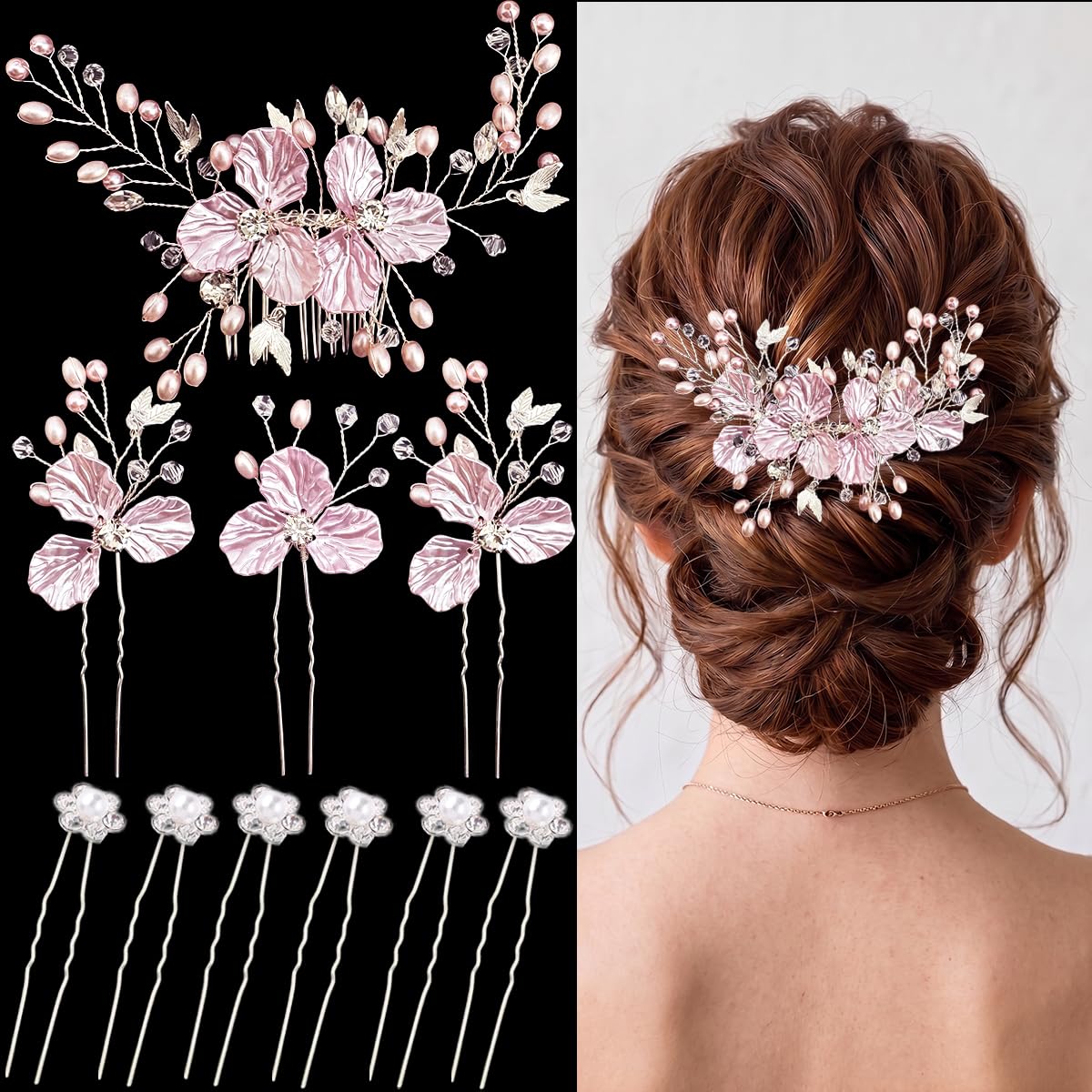 10 Pcs Flower Wedding Hair Pins Crystal Prom Hair Piece Bride Hair Accessories Jewelry Bridal Hair Clips Headpiece(Pink)