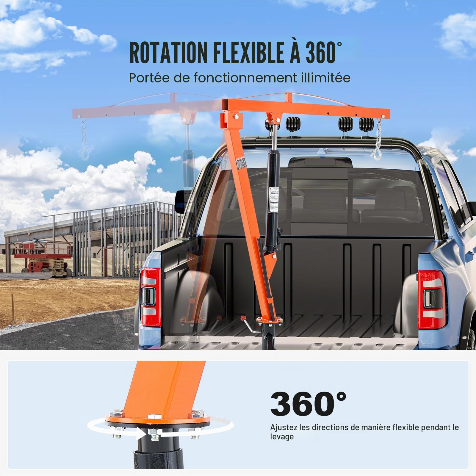 VEVOR Grue hydraulique pour camionnette, capacité de 450 kg, grue montée sur attelage avec 3 capacités de flèche de 227 kg, 340 kg, 450 kg, pour le levage de marchandises dans la construction, l'usine