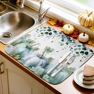 Absorbent Dish Drying Mat for Kitchen Counter,Thanksgiving Green Blue Pumpkin Microfiber Quick Dry Pad Dishes Drainer Rack Mats for Under Sink Utensils 16x18in,1 Pack,Eucalyptus Leaves