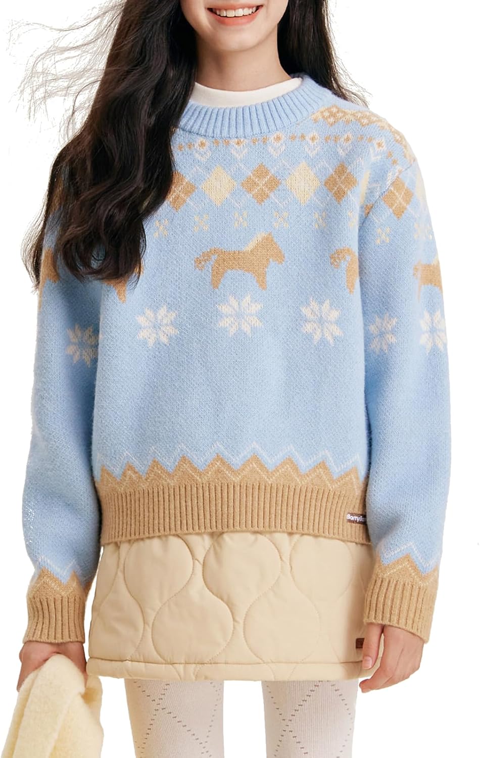 Girls Fair Isle Sweater, Cute Horse & Snowflake Pattern Pullover, Soft Knit Crew Neck Jumper for Girls 6-16Y