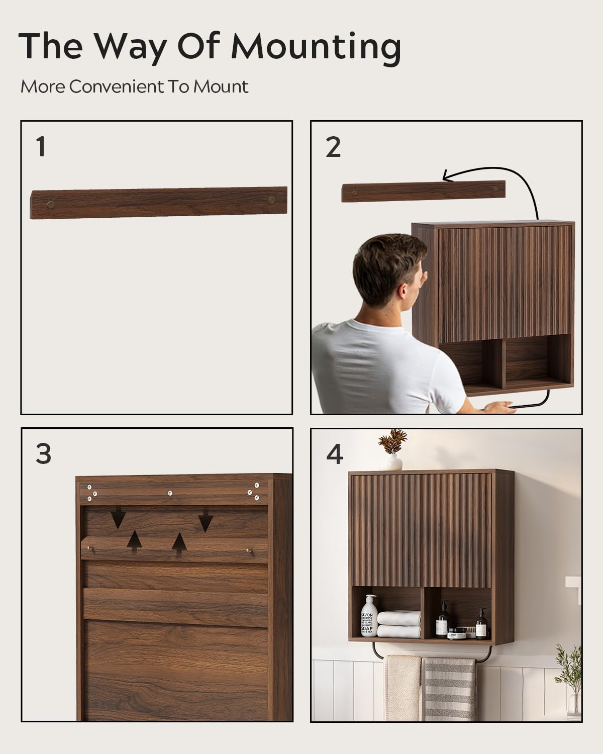 Bathroom Wall Cabinet, Fluted Wooden Medicine Cabinet Storage with 2 Doors, Adjustable Shelf and Towels Bar, Modern Wall Mount Large Floating Cabinet for Kitchen Laundry Room Brown