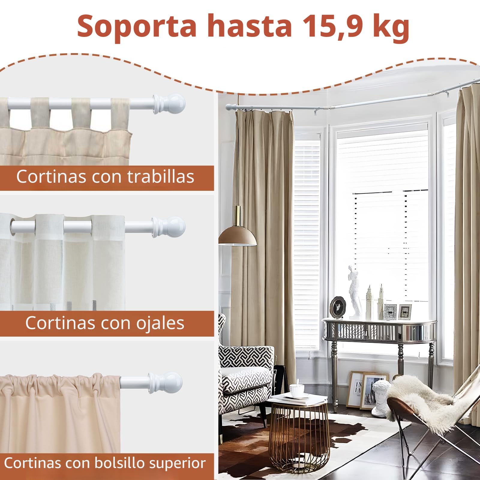 Barra de cortina de ventana de 76 a 460 cm, 2 codos incluidos, diámetro de 25 mm, barra de cortina blanca resistente de 3 lados, para dormitorio, sala de estar, ventana de esquina
