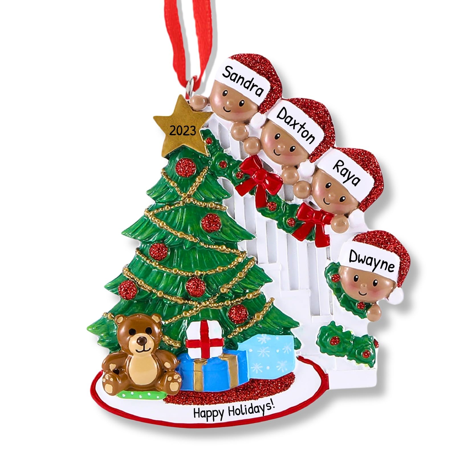 Ornaments by Elves - Personalized Peeking African American Family of 4 Christmas Ornament 2024 - New Home Decor Customized Family Tree Ornament in Giftable Packaging