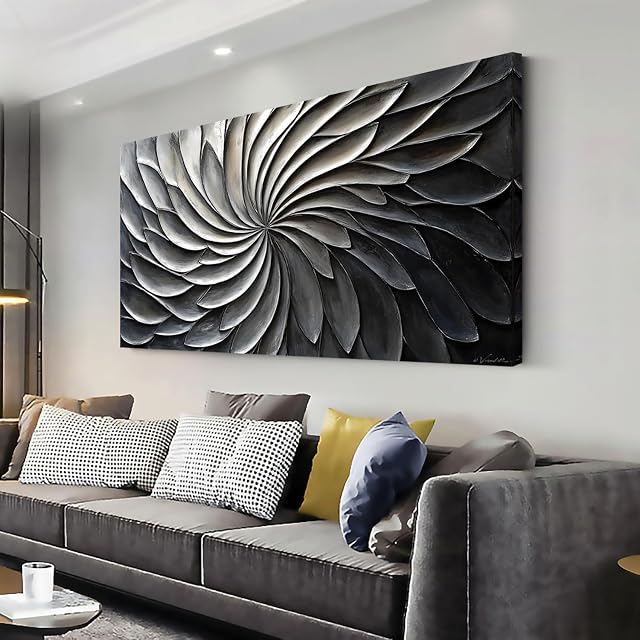 LASMOND Abstract Black and White Wall Art for Living Room Modern Canvas Print Painting Lines Flower Floral Large Artwork Bedroom Home Office Wall Décor (20x40 Inches)