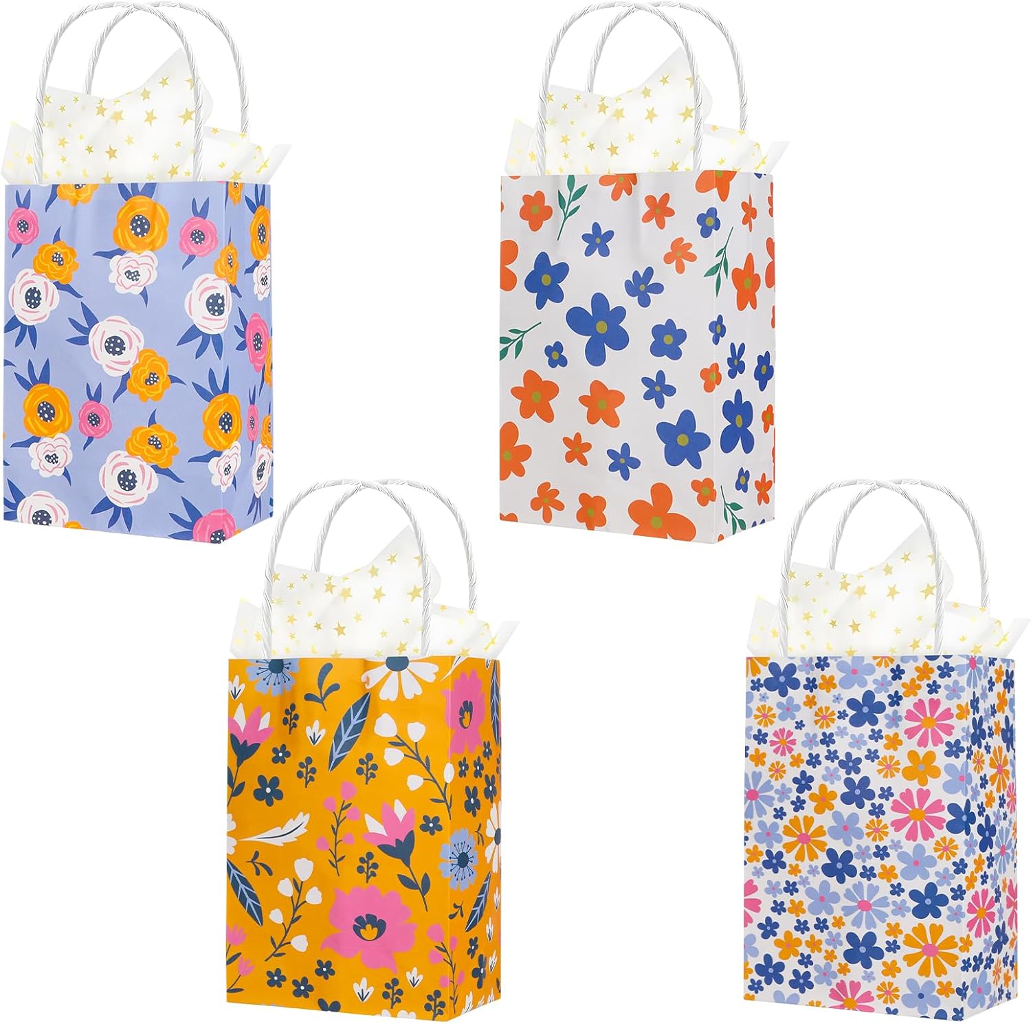 Hrovsur 8Pcs Floral Small Gift Bags Bulk with Tissue Paper, Paper Gift Bags with Handles for Women Girls Party Sunflowers (8 Count)