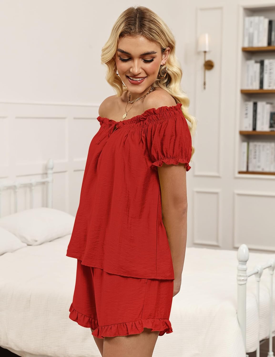 LOMON Womens Pajama Set 2 Piece Smocked Sleeve Top and Ruffle Shorts with Pocket Sleepwear Bridal Pj Sets for Party - Image 2