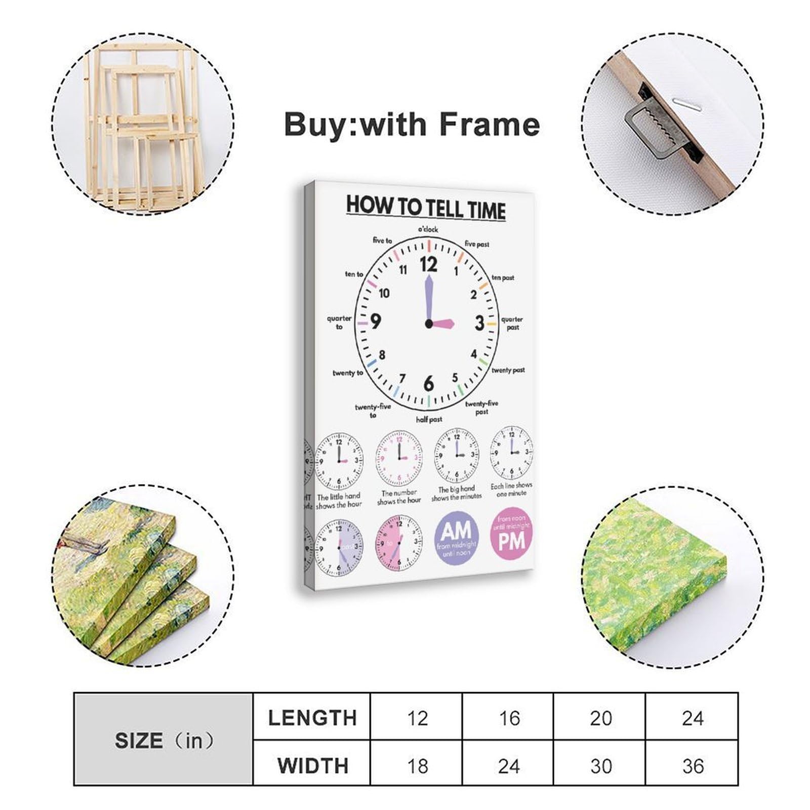 MGDUJGH Wandkunst, Poster und Drucke, Motiv: "How to Tell Time Education What Time Is It", Lernuhr, Lehrwerkzeug, Klassenzimmer, Kunstdruck, Poster und Drucke, Raumdekoration, 30 x 45 cm