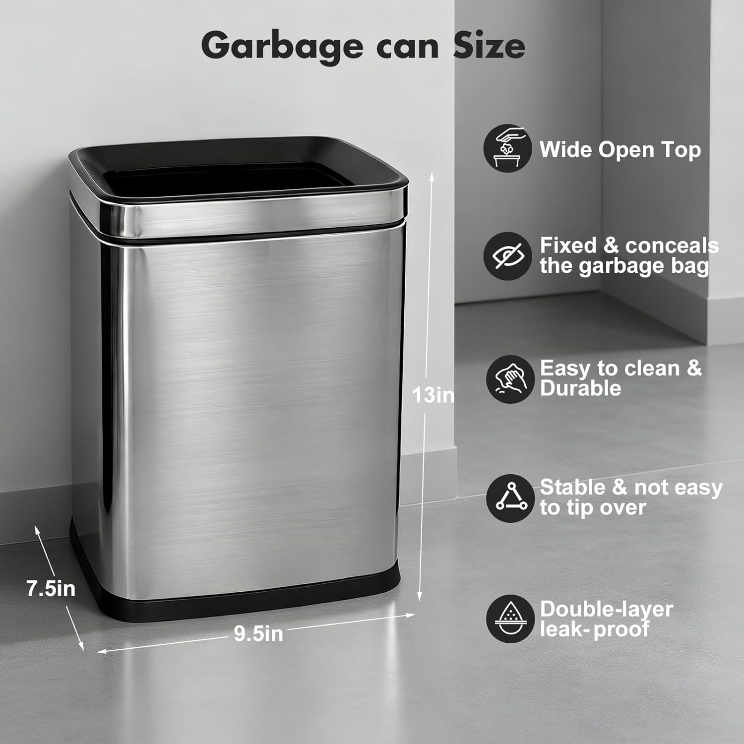 Luxury Office/Hotel Stainless Steel Trash Can No Lid, Double Layer Garbage with ABS Inner Can,Bedroom Wastebasket,Modern Touchless Hotel/Office/Home Waste Bin(Sliver)