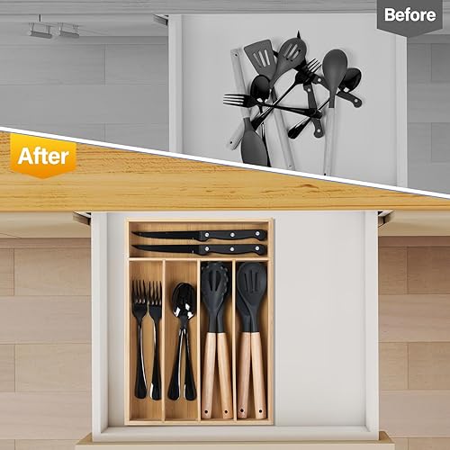 Miniatura 4 de Organizador de cubiertos para cajones de utensilios, bandeja de cubiertos de 9 pulgadas para cajón de cocina, cubiertos de bambú, bandeja de