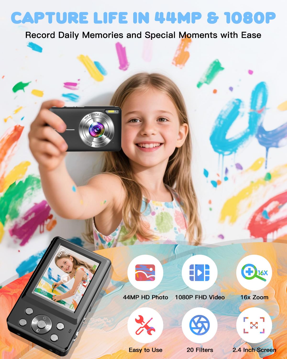 Digitalkamera 1080P 44MP Fotoapparat mit 2,4" LCD-Bildschirm 16-fachem Digitalzoom Bildstabilisierung Vlogging-Kamera für Kinder