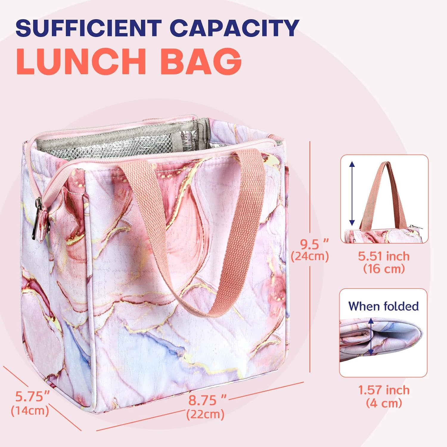 Insulated Lunch Bag, Large Capacity 9.5"x8.75"x5.75" Thermal Cooler Tote, 3-Layer Leakproof Lunch Box with Inner Pocket & Foldable Design, Keep Food Warm or Cold for Work Picnic Travel (Rose Gold)