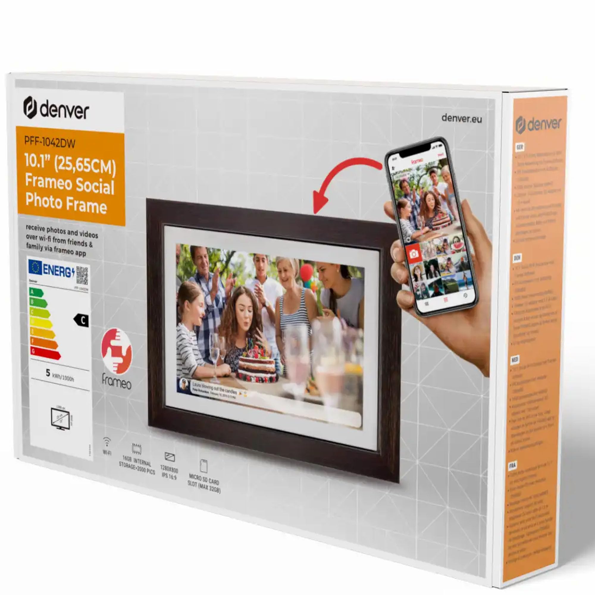 Cadre Photo Numérique Denver 10,1 Pouces - Écran Tactile HD IPS - 16Go - Connexion WiFi Via App Frameo