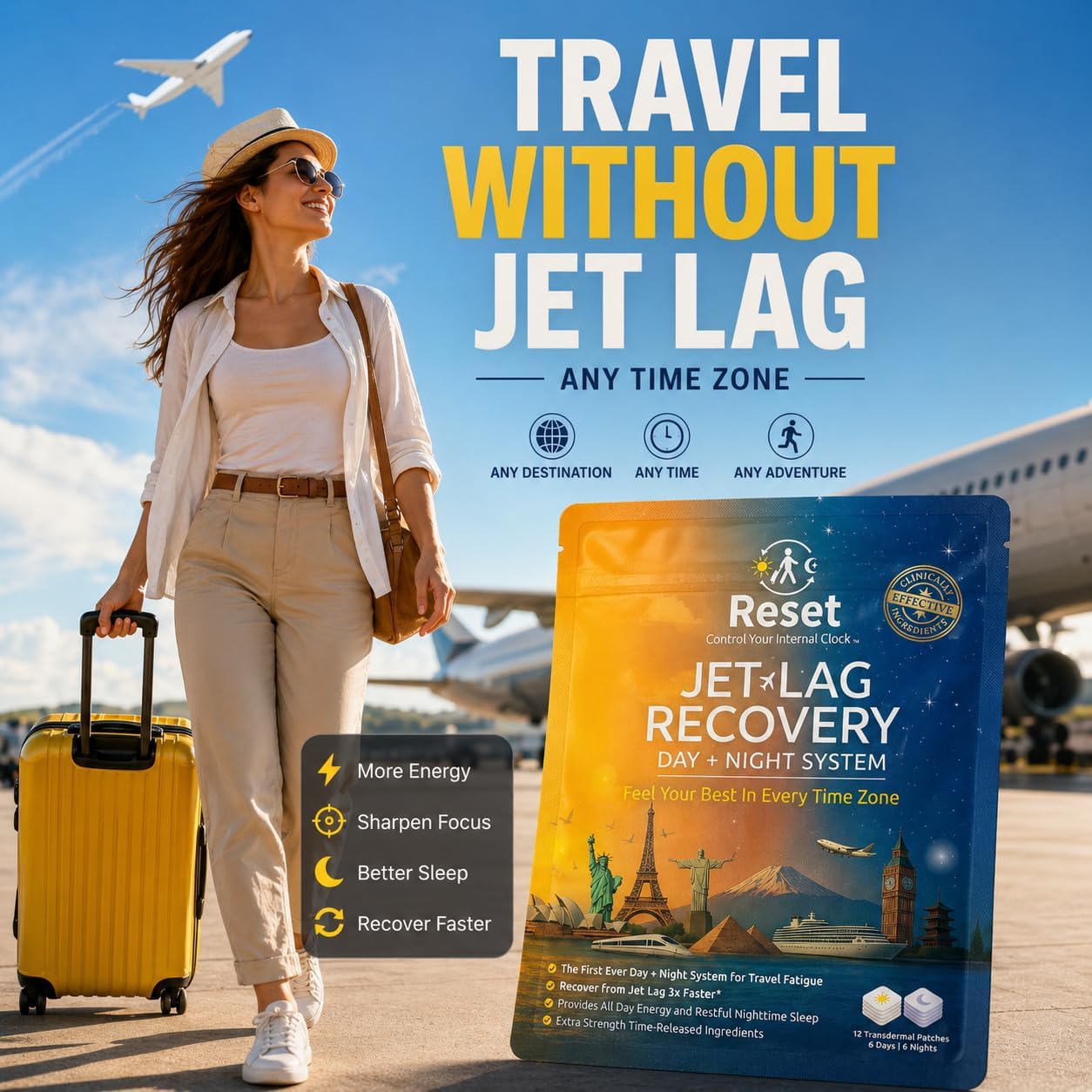 Reset Jet Lag Recovery System | Day and Night Transdermal Patches with Extra Strength Melatonin, Magnesium and B Vitamins | Travel Fatigue Relief, Sleep Support | Energy Boost | Family Travel - 3pk