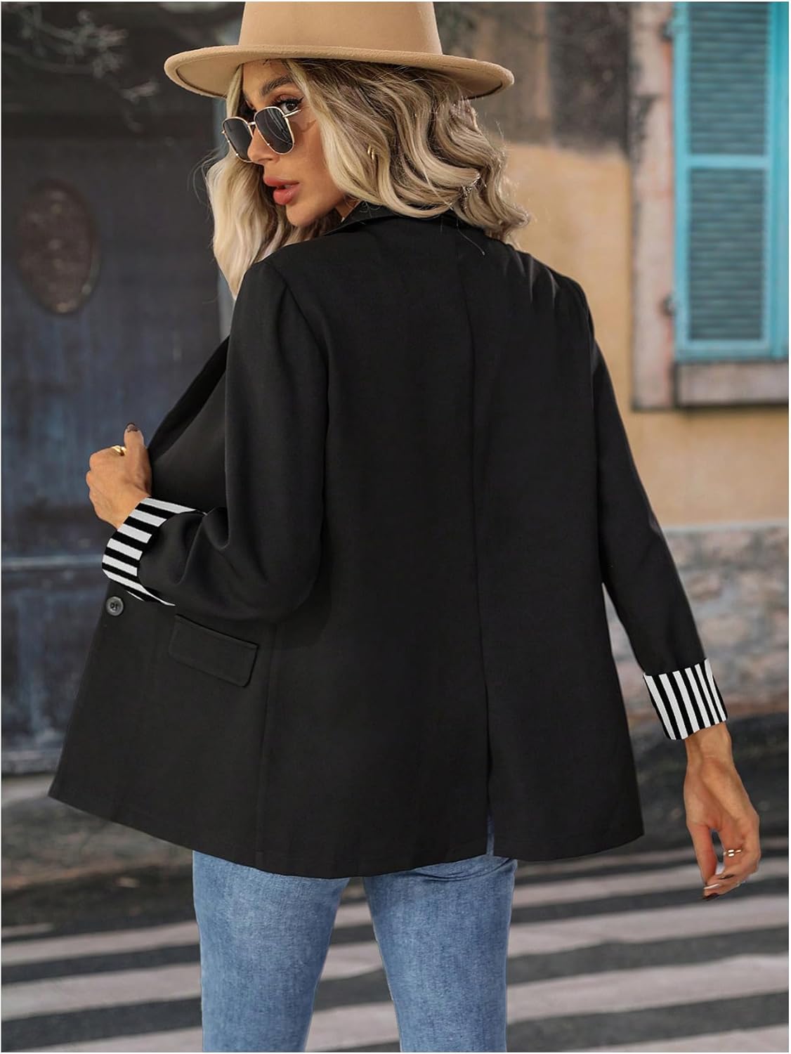 MakeMeChic Women's Striped Print Single Breasted Blazer Long Sleeve Lapel Neck Jacket Suit - Image 2