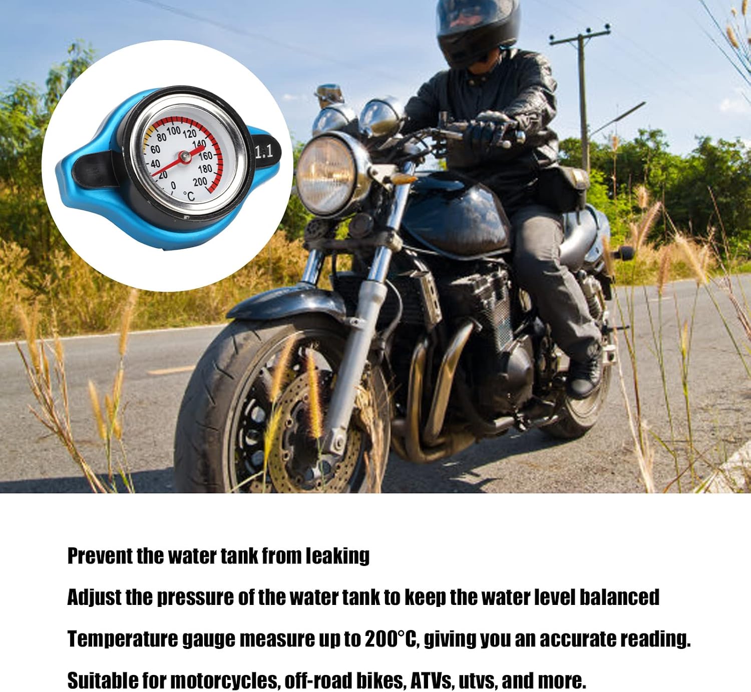 Keenso Universal Thermostatic Radiator, Leak Proof 2 in 1 Design with Temperature Gauge, High Pressure Measure up to 200°C, for Motorcycles, ATVs, UTVs (Small Head 1.1)