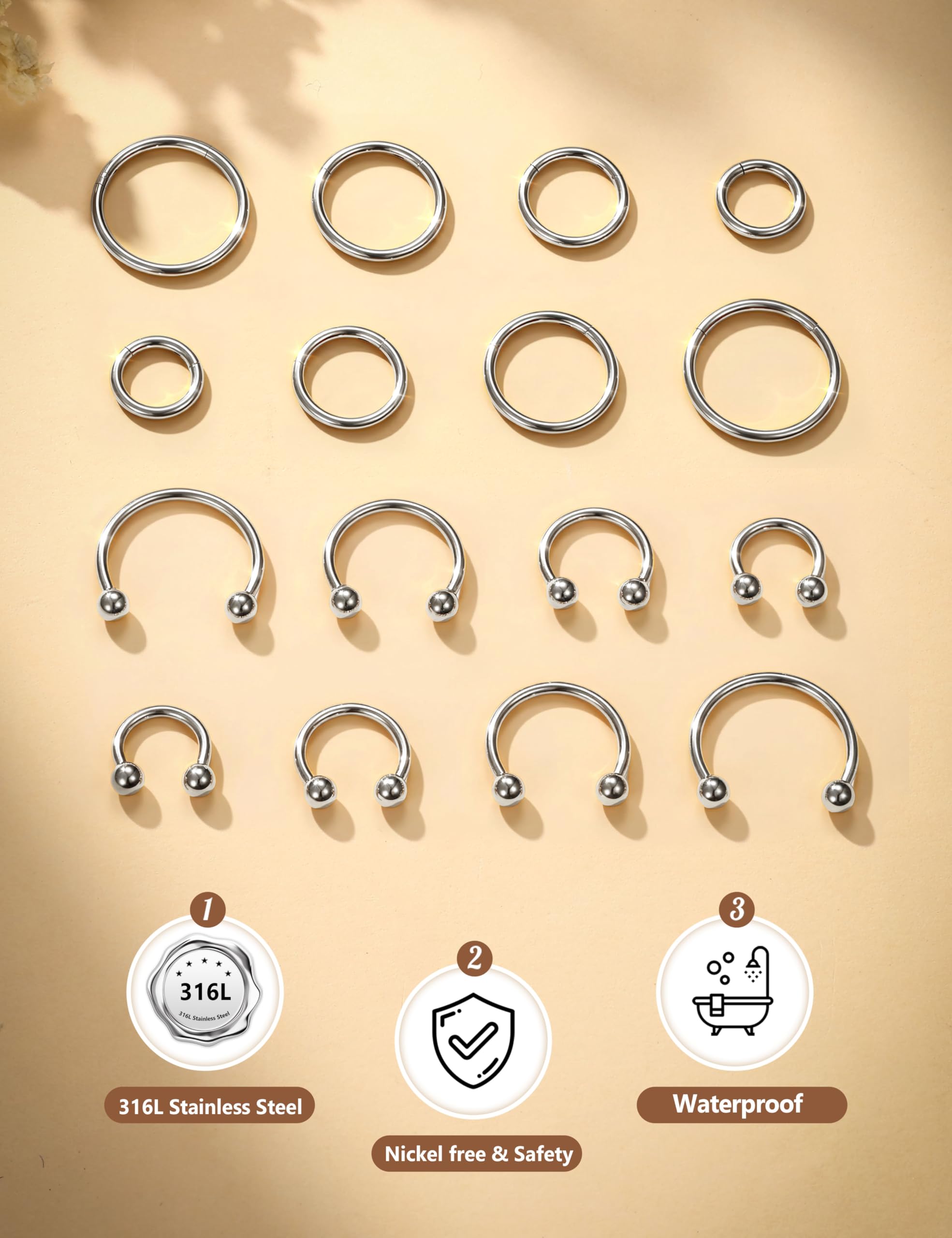 JeweBella 16 Piezas Aro Piercing Nariz Acero Quirúrgico Cartílago Segmento Clicker Anillos 6-12 mm