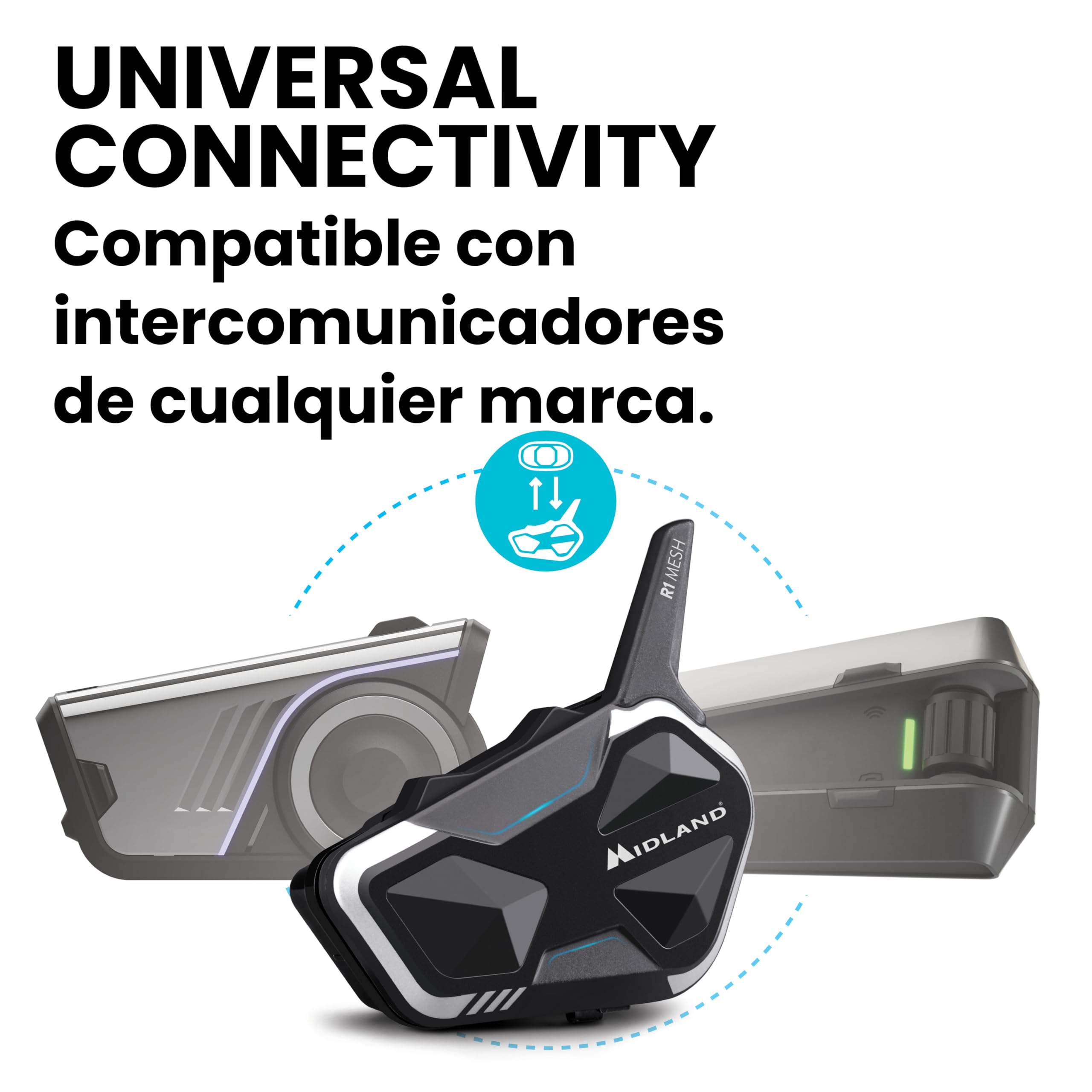 MIDLAND - R1 Mesh Intercomunicador Casco Moto, 2 Auriculares Inalámbricos Bluetooth + Mesh, Waterproof IPX6, Alcance 500m, 23H, Audio RCF, Stereo Background, Compatible con TFT y Radio FM, 6 Personas