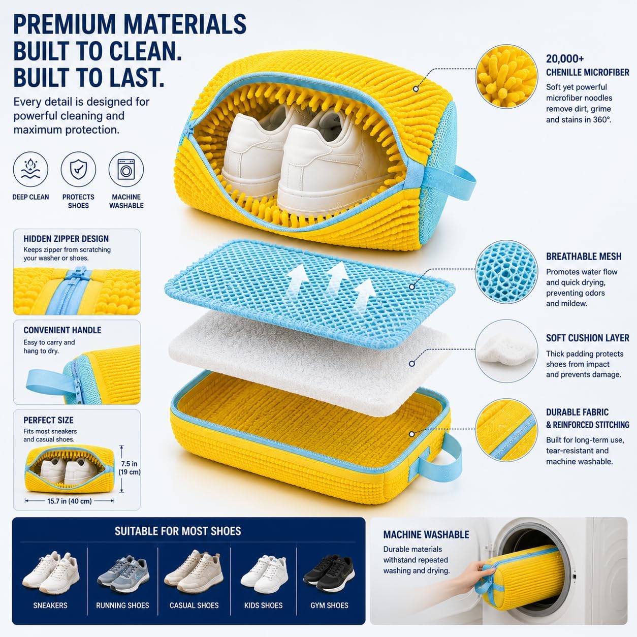 2 Pack Chenille Shoe Washing Bags for Washer, Reusable Sneaker Pouches