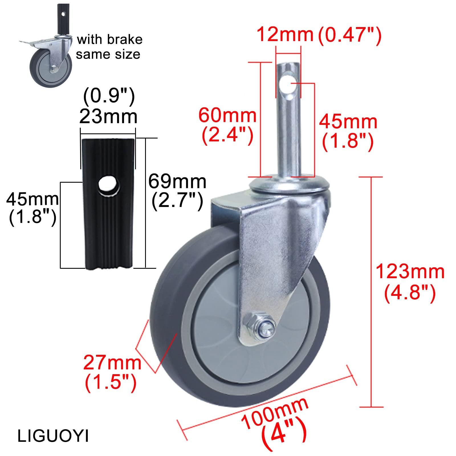 LIGUOYI Set da 4 Ruote Girevoli per Carrello Inox - M12 Steli con 23mm Manicotto Quadrate - Ricambio A Rotelle per Carrello da Cucina, Ø 100 Mm Ruote Gomma Termoplastica 2 con Freni 2 Senza Freni