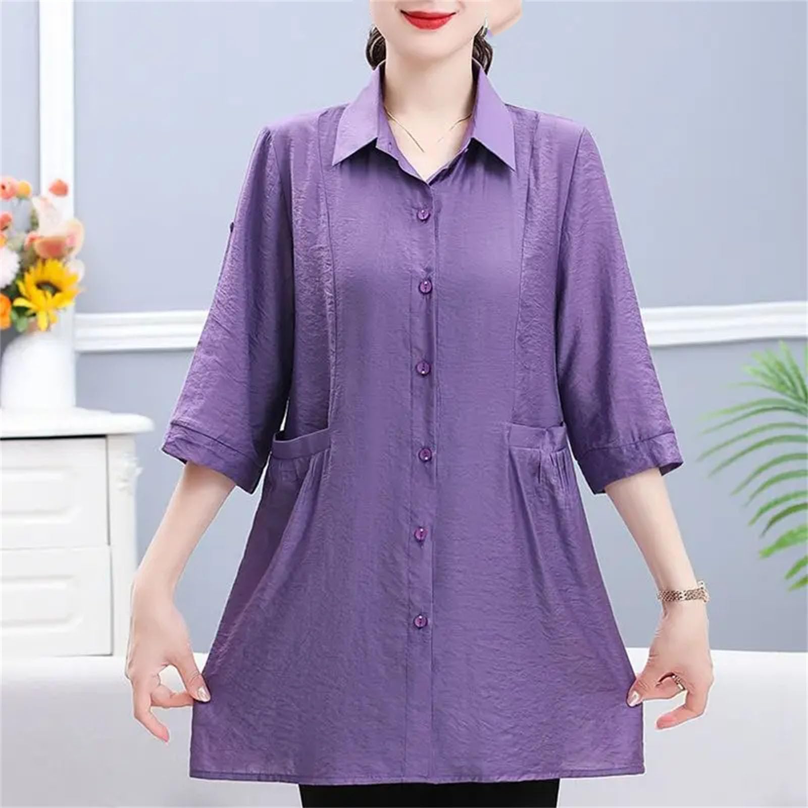 Camicetta da donna casual tinta unita midi monopetto colletto rovesciato maniche 3/4 tasche camicetta
