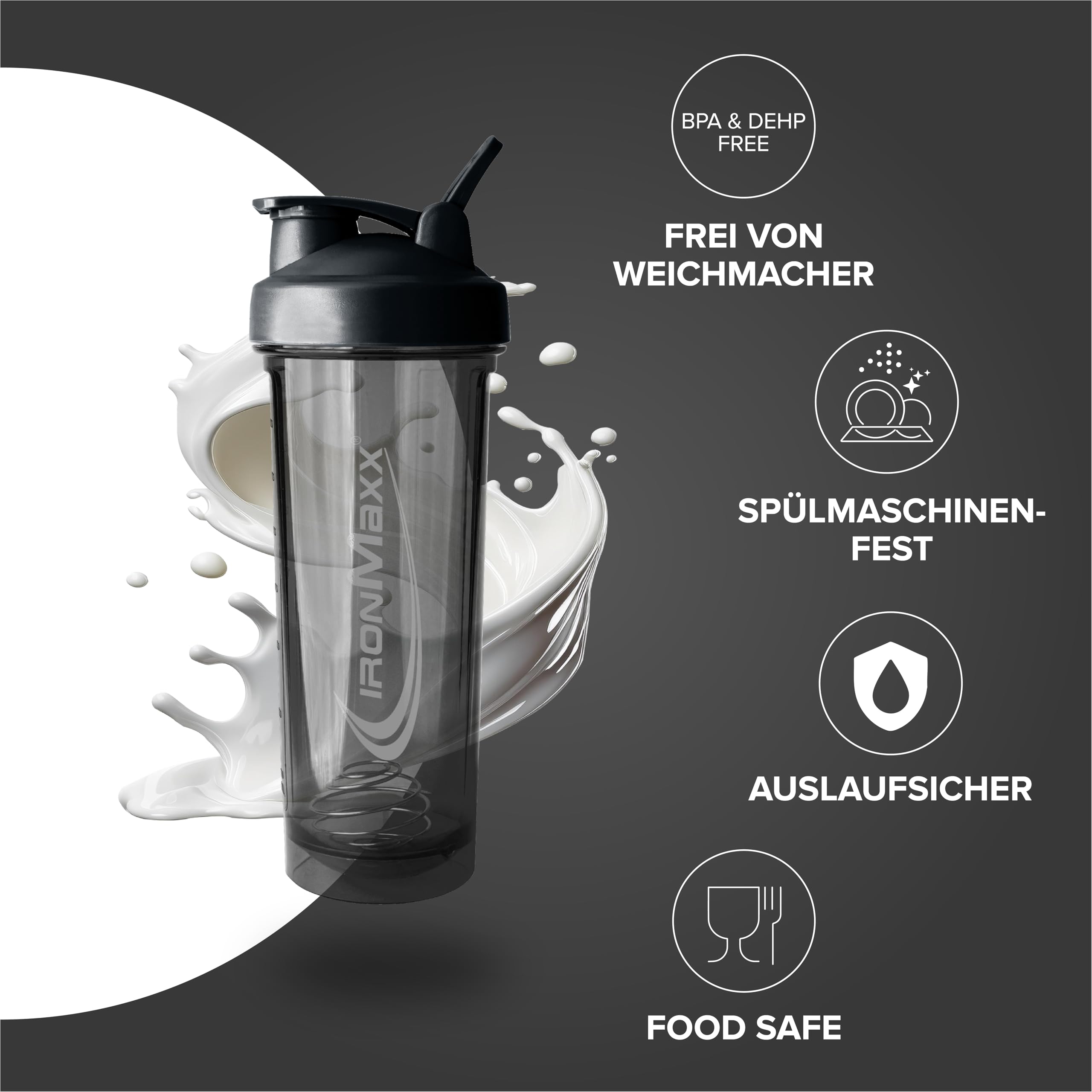 IronMaxx Premium Shaker Deep Black 700 ml, shaker do białek z kulką filtrującą i skalą | Hermetyczna butelka z tworzywa AS+PP | do kremowych koktajli, gdziekolwiek jesteś