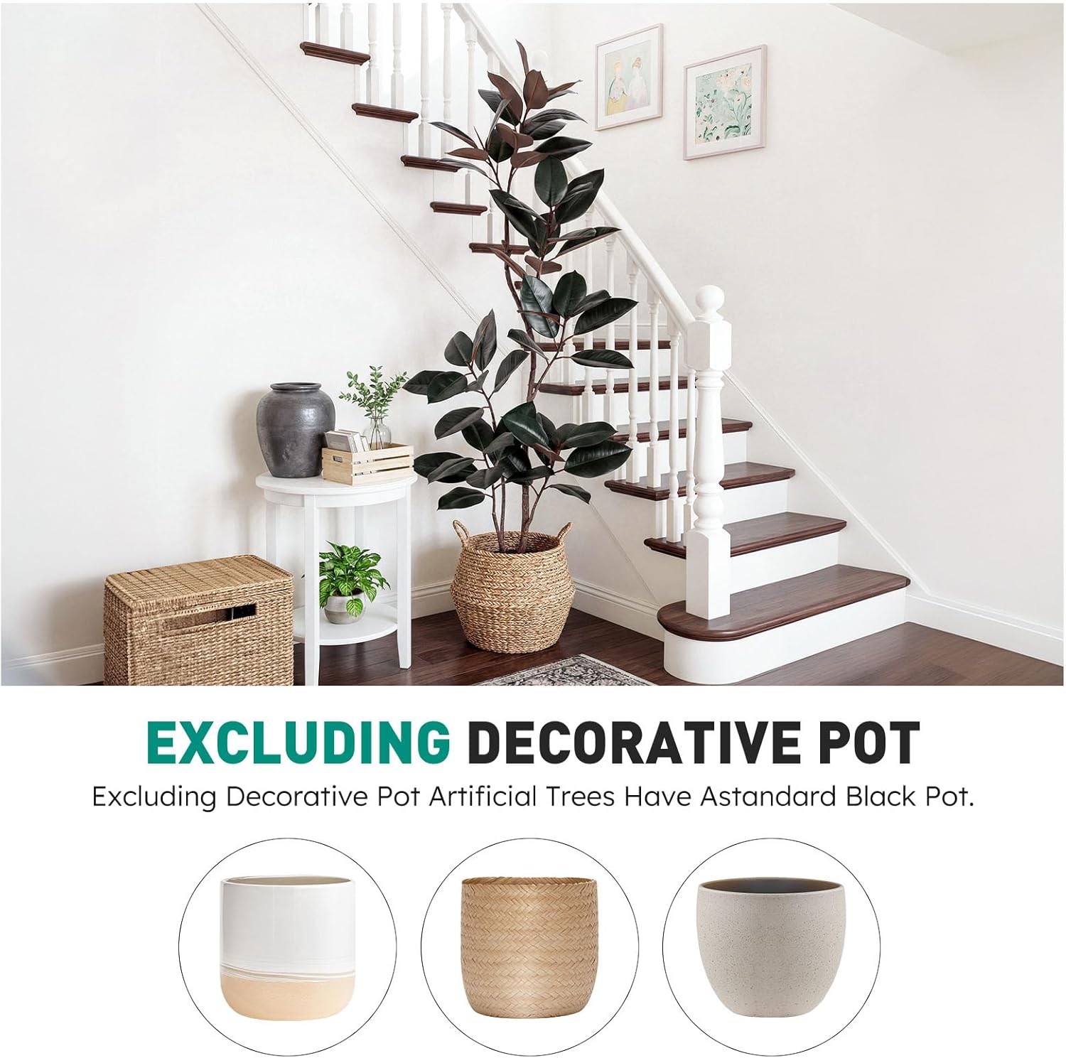 Artificial Rubber Tree 5FT Tall Faux Plants Indoor Artificial Trees Potted - Fake Tree with White Planter Large Floor Plant for Home Office Room Outdoor Decor