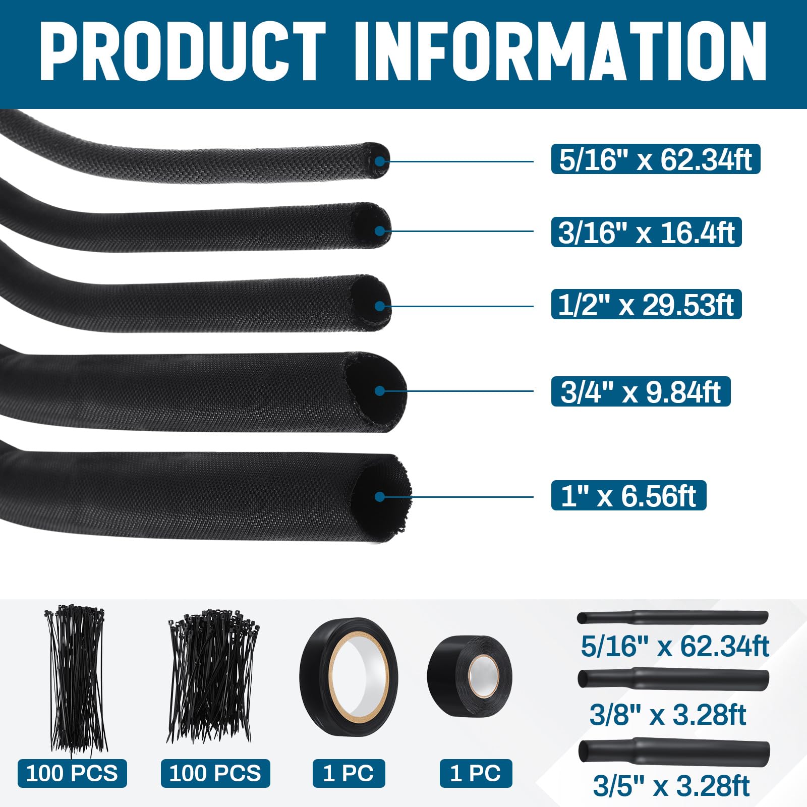 Nuanchu Split Sleeve Master Kit Complete Vehicle Wire and Hose Protection Include Wire Loom Split Sleeve Fabric Heat Shrink Tubing Silicone Tape Locking Ties Electrical Tape