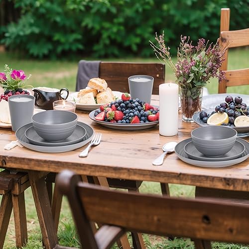 Miniatura 6 de LIYH - Juego de vajilla de paja de trigo gris de 16 piezas, juego de vajilla irrompible para 4 platos y cuencos, platos de plástico reutilizables,