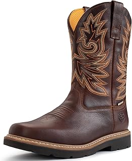 SUREWAY Mens Western Square Toe Cowboy Boots for Men,Soft/Steel Toe Full Grain Leather Slip On Pull On Work Boots for Construction Farming