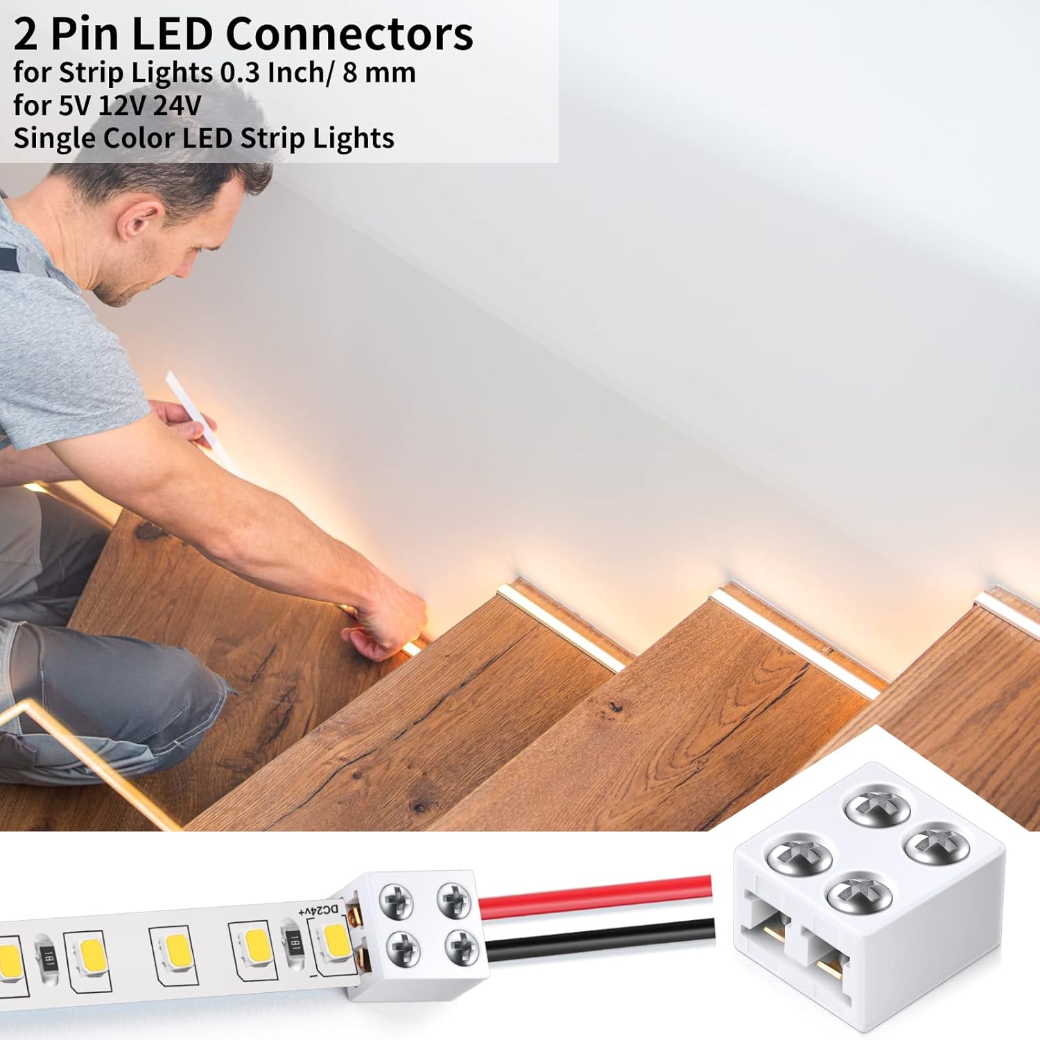 40 Pack Solderless LED Tape Light Connector 2 Pin Screw Down Terminal Blocks Connector Led Connectors for Strip Lights 8 mm Tape to Wire for 5v 12v 24v Monochrome LED Low Voltage Strip (40): Tools & Home Improvement