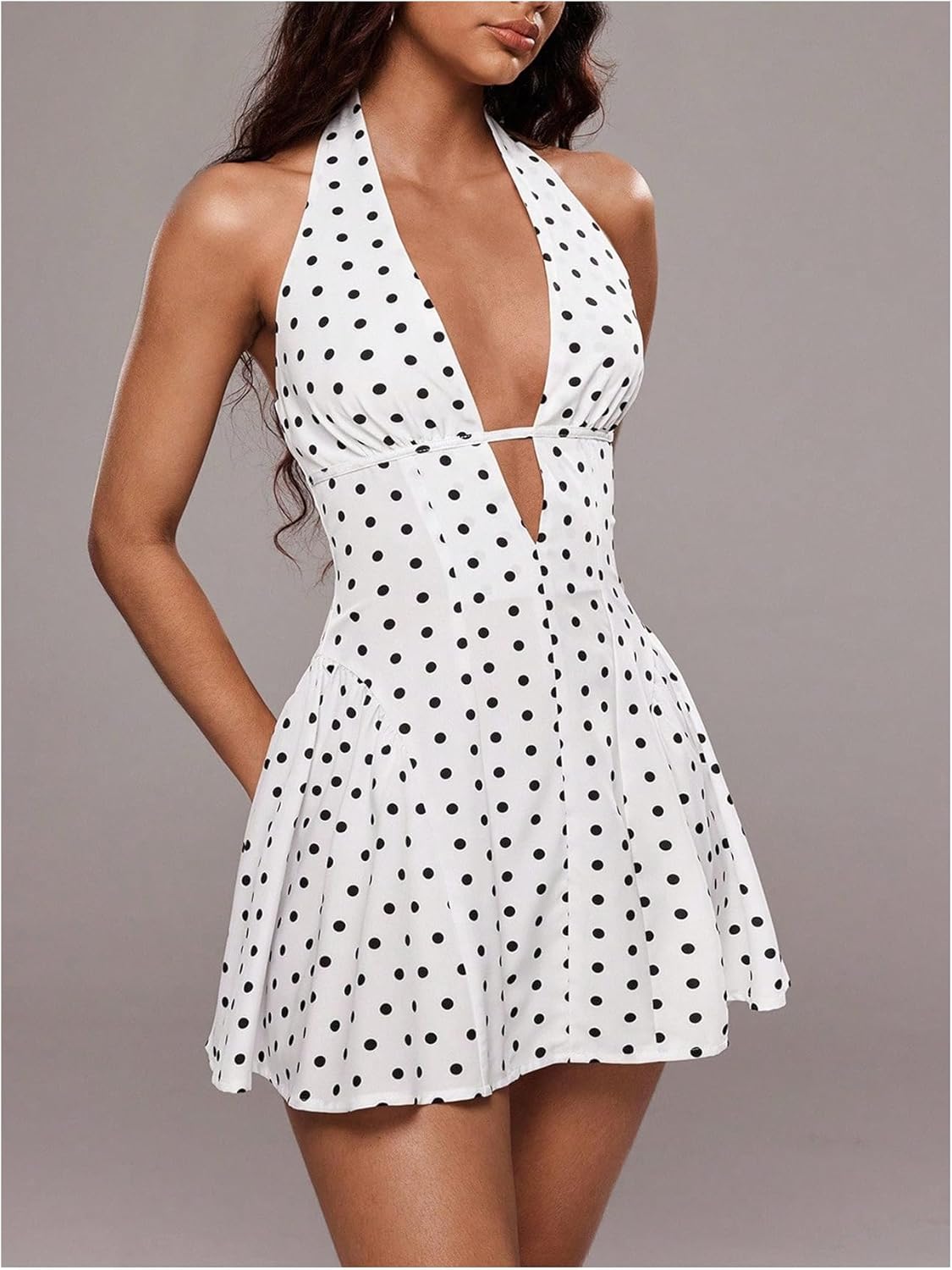 Floerns Women's Polka Dots Halter Dresses Backless V Neck A Line Mini Dress Elegant Summer Dresses - Image 2