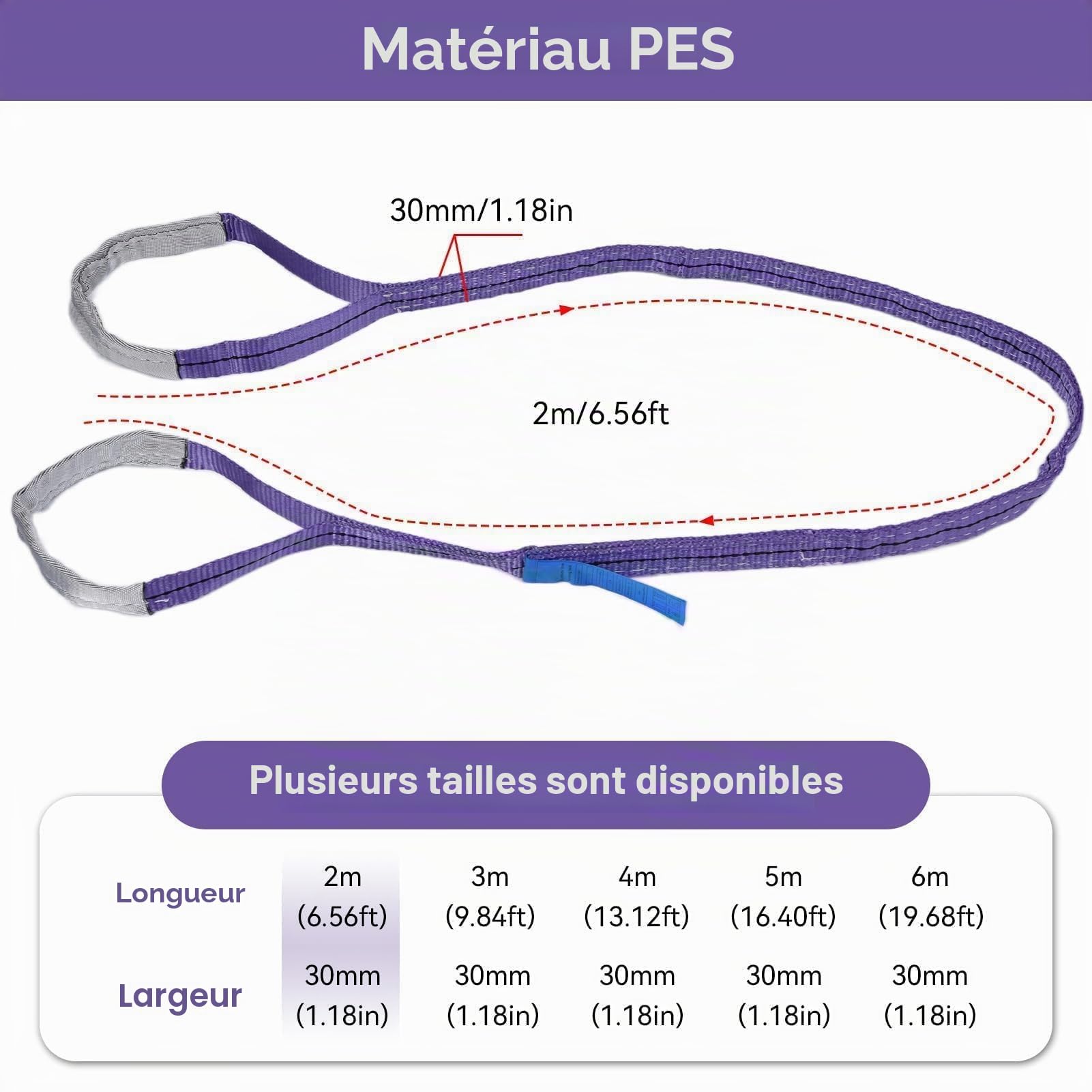 Élingue 1 tonne 2 m, Sangle de Levage avec Boucle Plate, Élingues Plates Tissées, Corde Anti-Abrasion et Anti-coupures en Polyester pour soulever des Objets Lourds