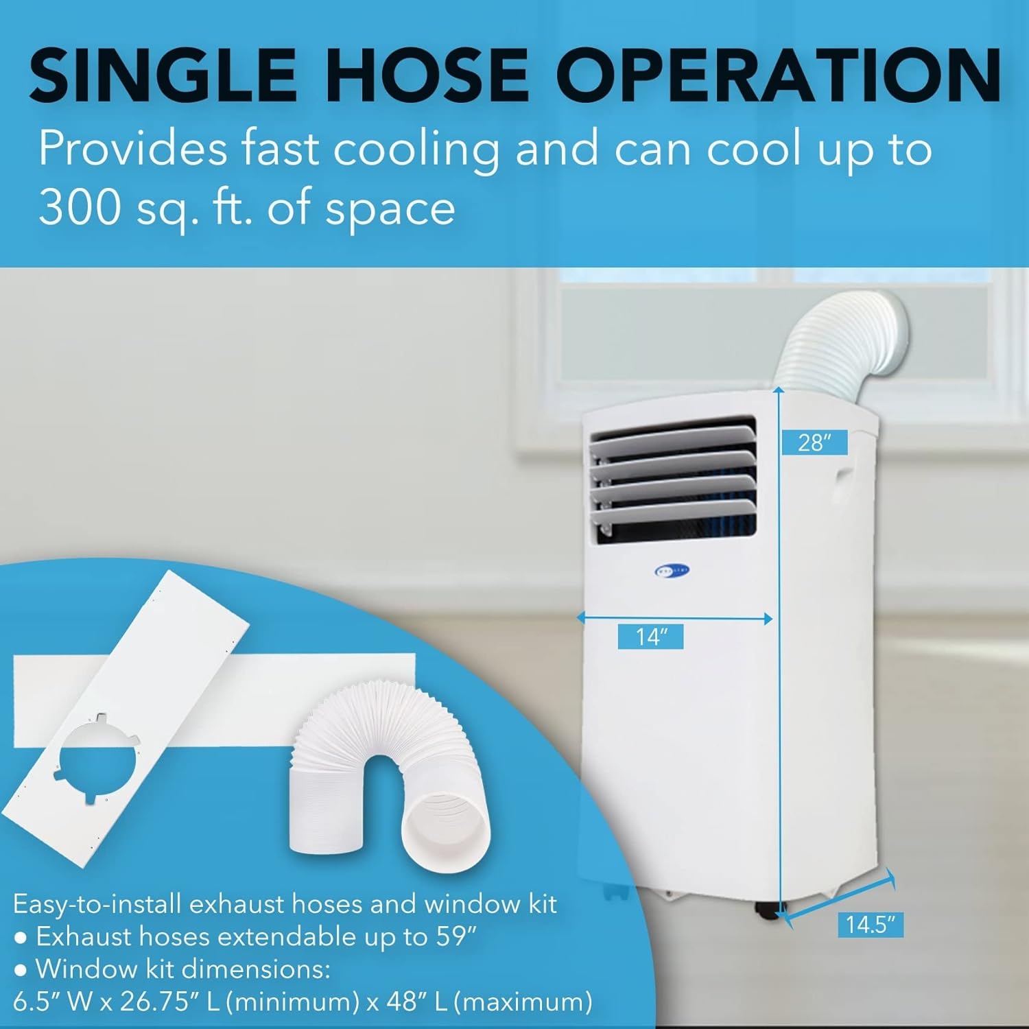 Infographic showing multiple setting options for the Whynter ARC-102CS: 60°F-86°F temperature range, 5-fan speed, 91 Pts/day dehumidification, and 24-hour timer, with a hand holding the remote control.