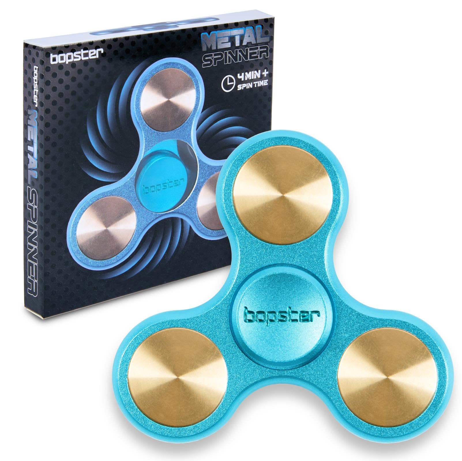 Bopster Metalowy Spinner | Poręczny Tri-Fidget-Spinner dla dzieci i dorosłych | 4+ minuty czasu obrotu, 73 g | Gładka zabawka biurkowa do radzenia sobie ze stresem i koncentracji | Niebieski