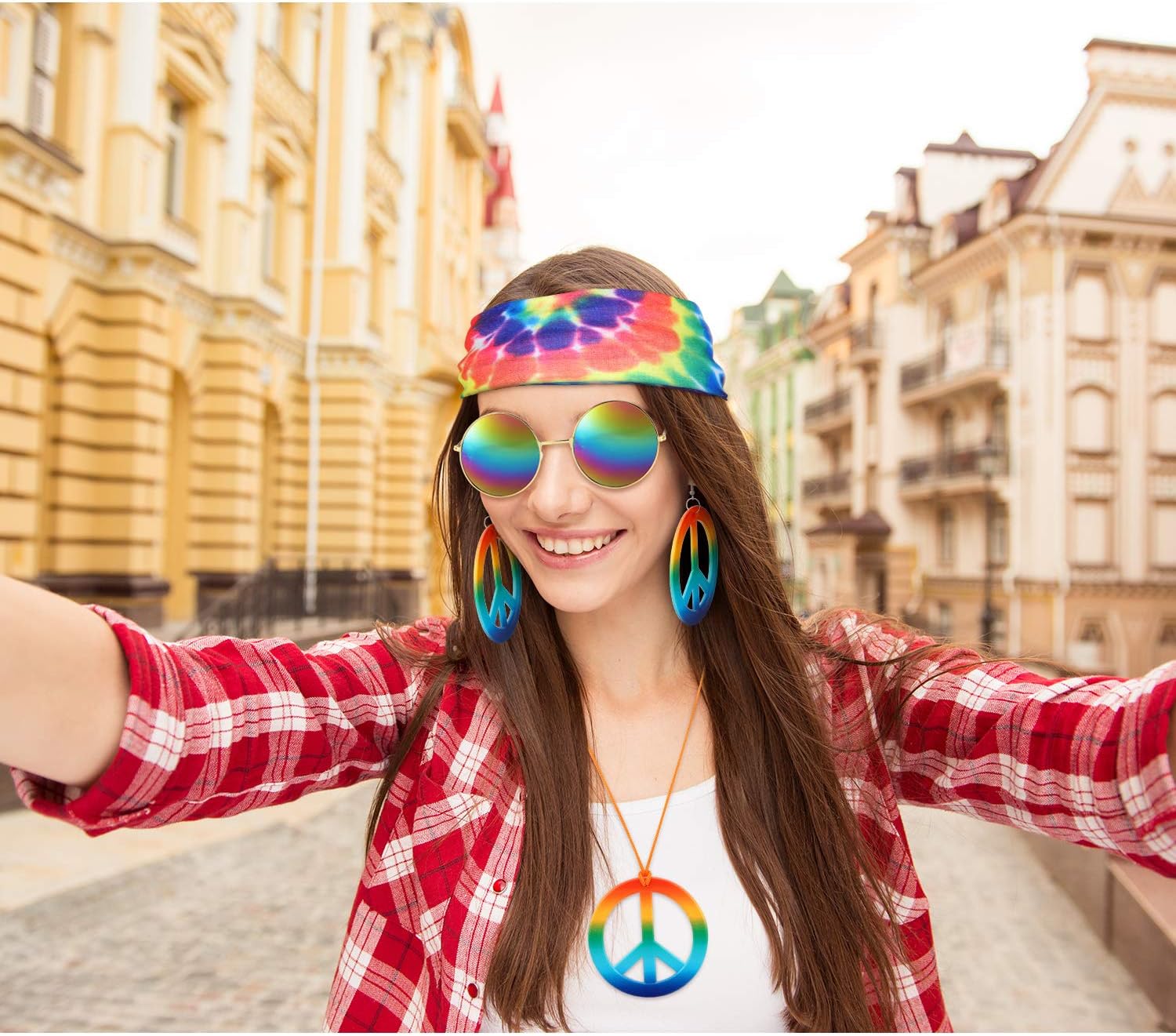 Hicarer 4 Pieces Hippie Costume Accessories Set Include Peace Sign Earring,Necklace,Sunglasses and Tie Dye Headband Hippie Accessories for Women Men 60s 70s Carnival Party Groovy Girls - Image 6