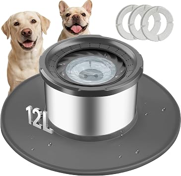 Decflow 12L No Spill Dog Water Bowl for Large Dogs, Stainless Steel Spill Proof Bowls with Suction Cup Anti-Skid Mat, Slow Drinking Feeder for Messy Drinkers, Heavy Duty Pet Bowls for Indoor/Outdoor