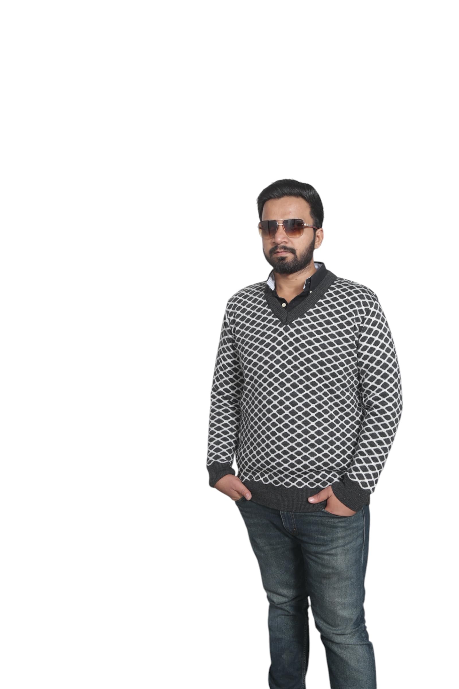 Diamond Pattern V-Neck Sweater, Knitted Pullover, Long Sleeve Winter Wear for Men-picture-37
